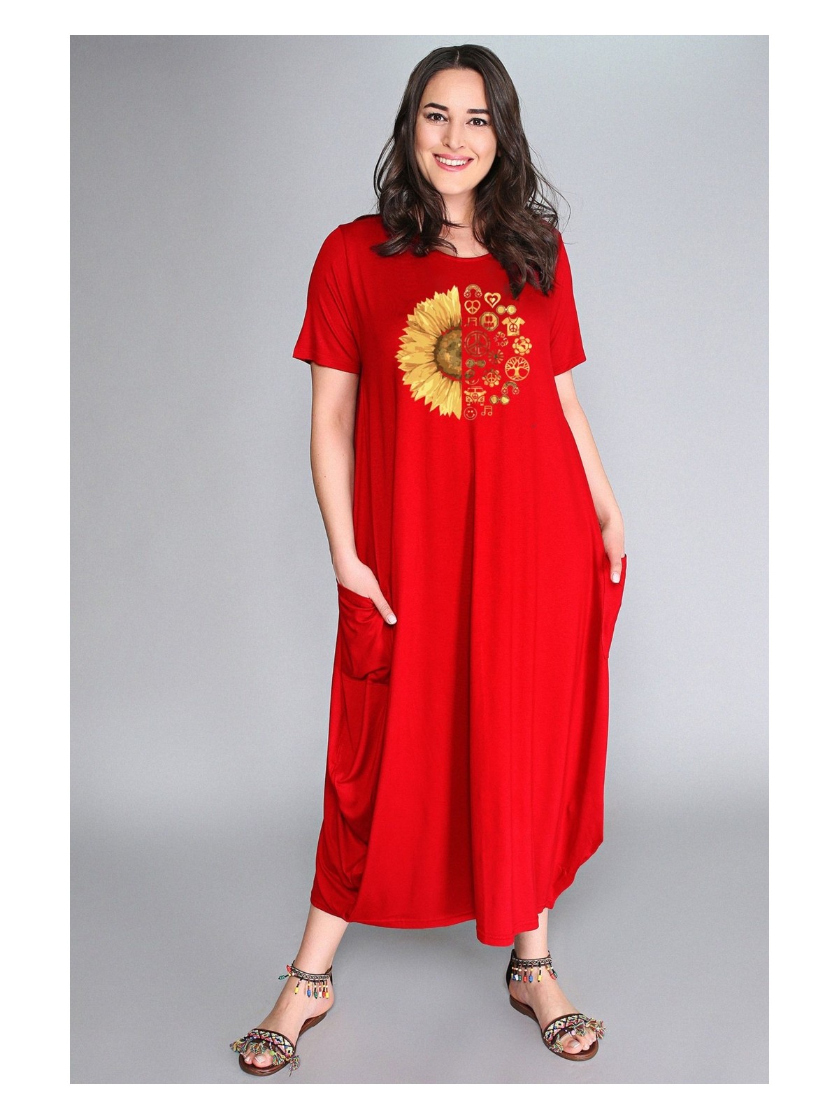 Curvy Trend Büyük Beden Sun Flower Baskılı Jumbo Kısa Kol Elbise - Görsel 5