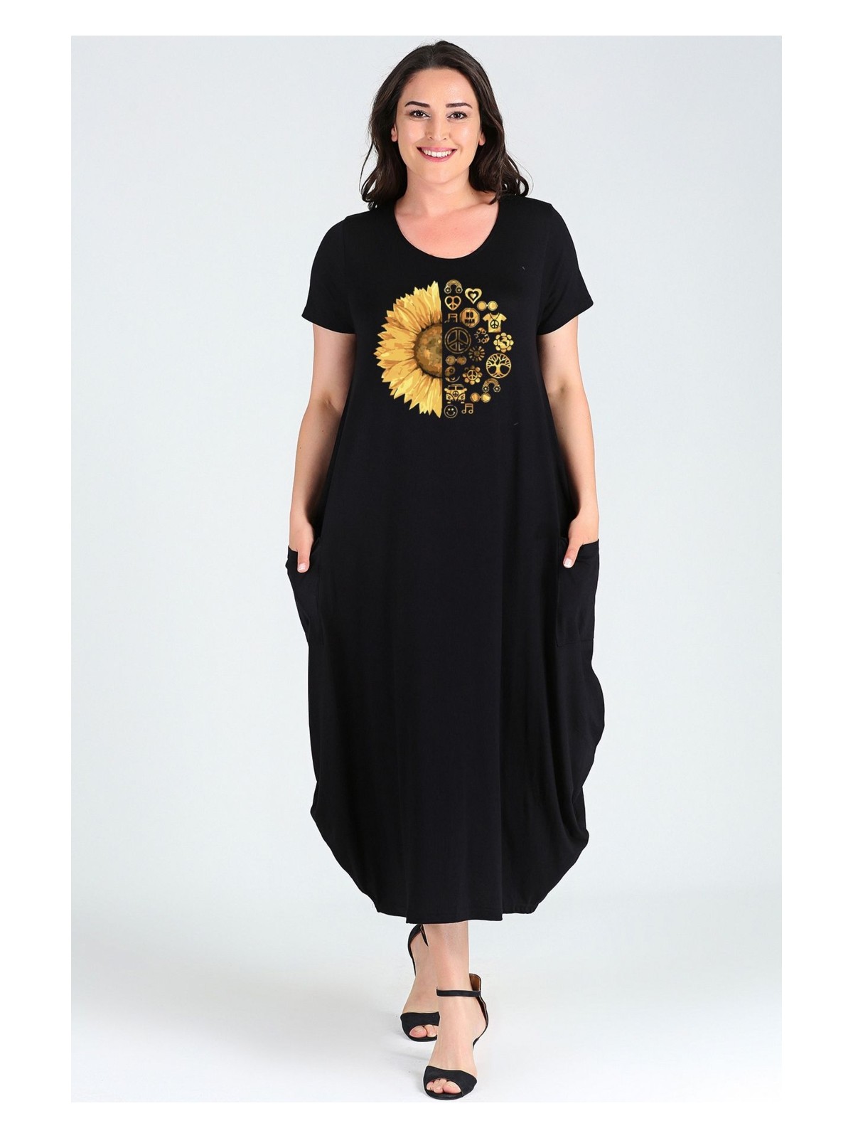 Curvy Trend Büyük Beden Sun Flower Baskılı Jumbo Kısa Kol Elbise