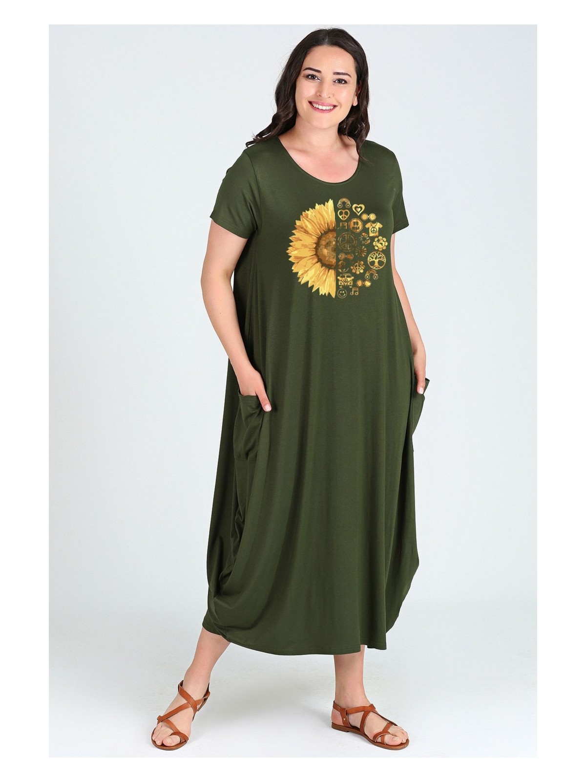 Curvy Trend Büyük Beden Sun Flower Baskılı Jumbo Kısa Kol Elbise - Görsel 4