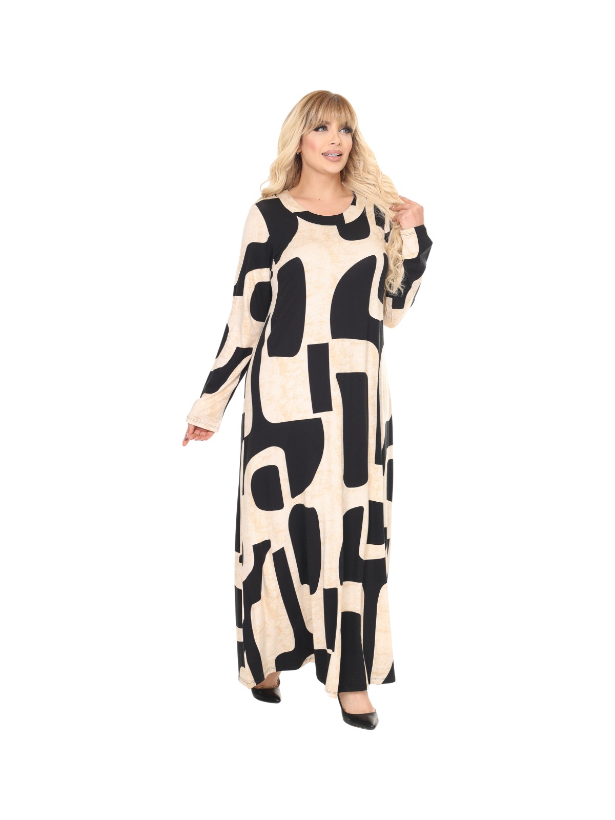 Melsay Butik Bej Picasso Desen Uzun Kollu Kadın Tesettür Elbise