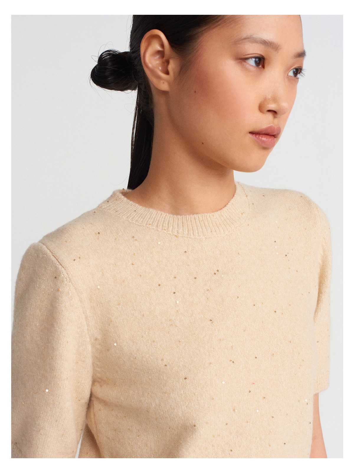 Dilvin 10703 Parıltılı Kısa Kollu Triko Kazak-Kahve - Görsel 4