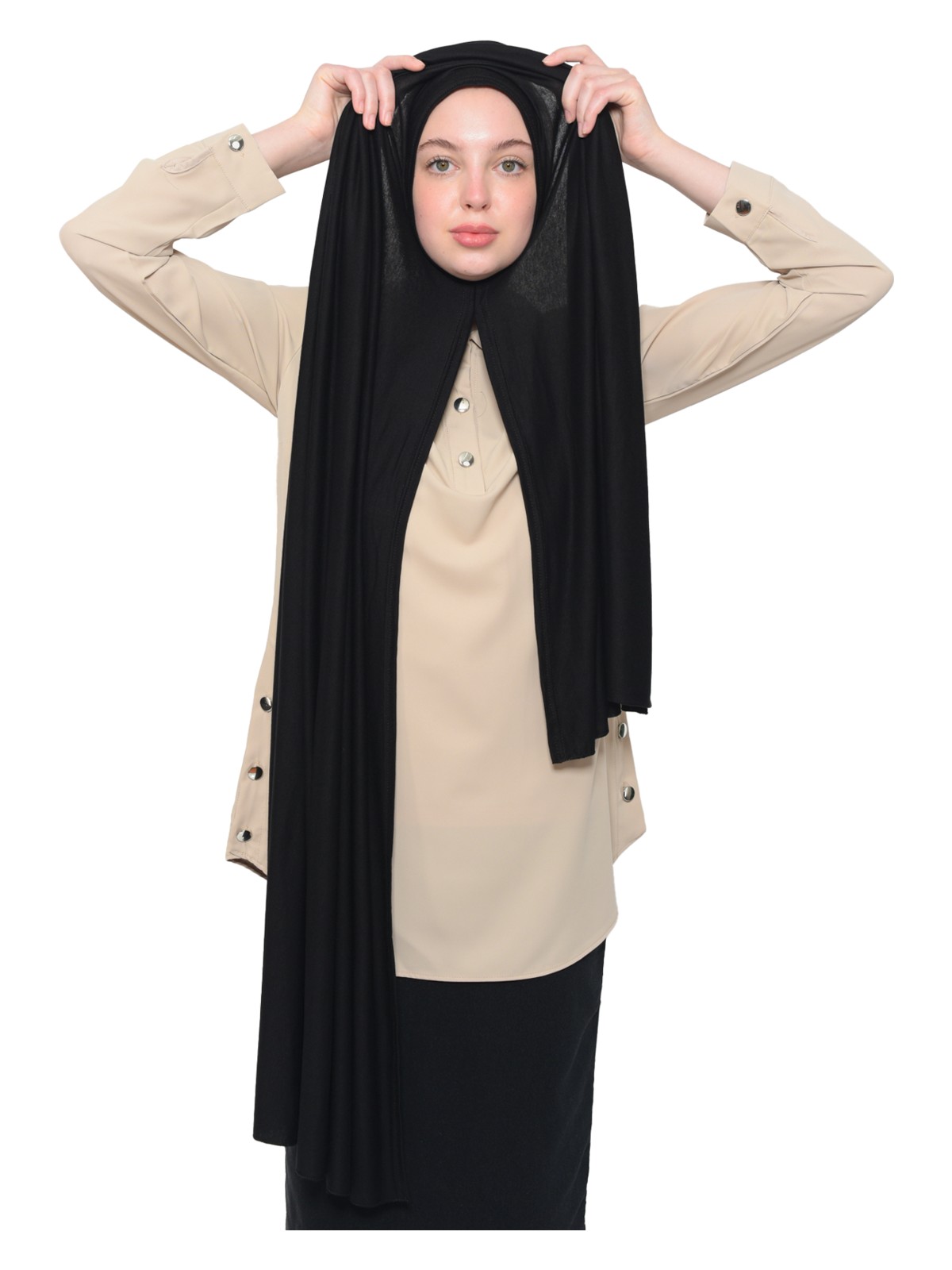 Altobeh Hazır Pratik Geçmeli Lüks Organik Düz Penye Şal Çapraz Hizalı-Siyah