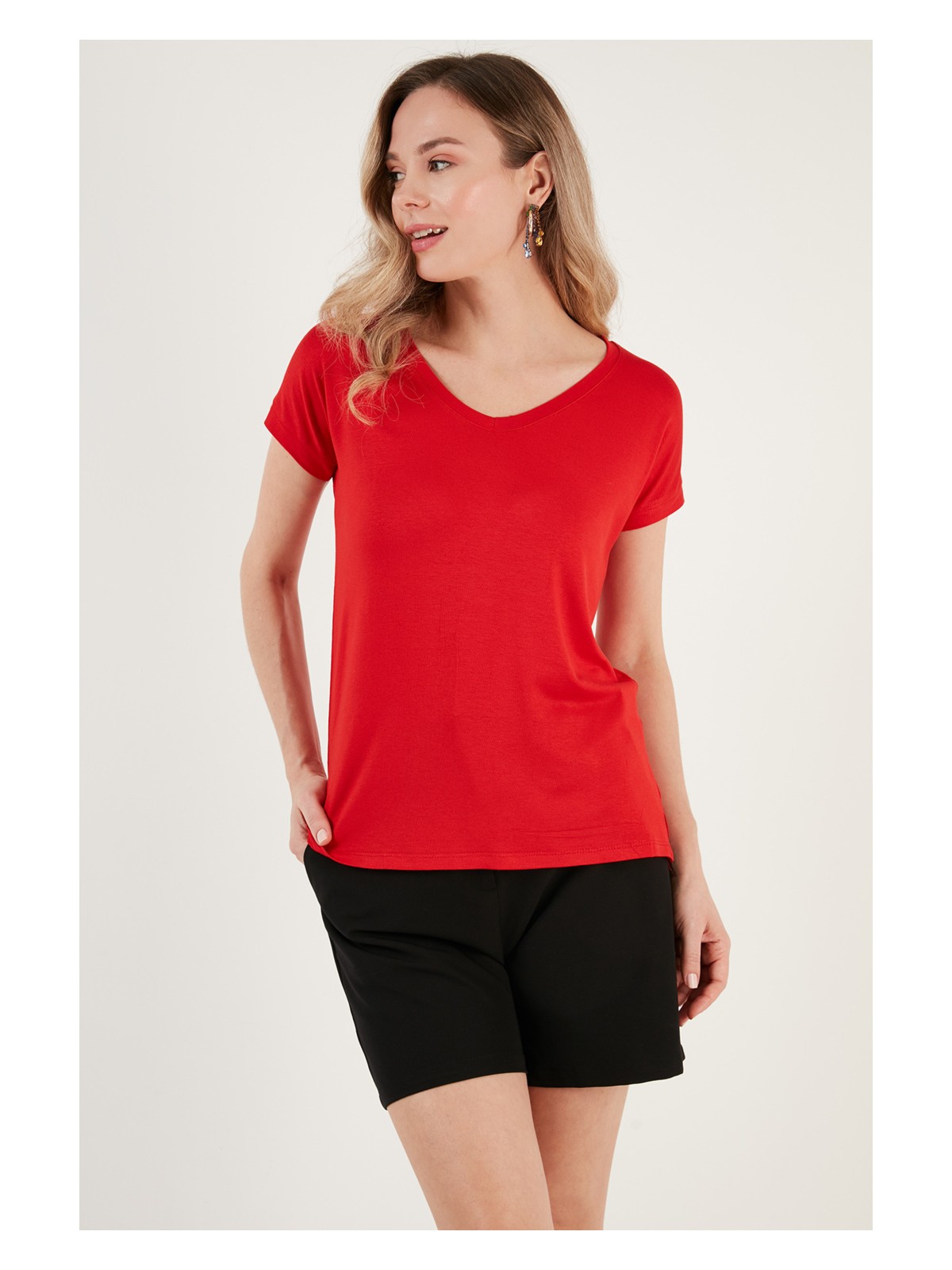 Lela V Yaka Relaxed Fit Yırtmaç Detaylı 2'li Paket Bluz Bayan Bluz 5862000S2 - Görsel 3