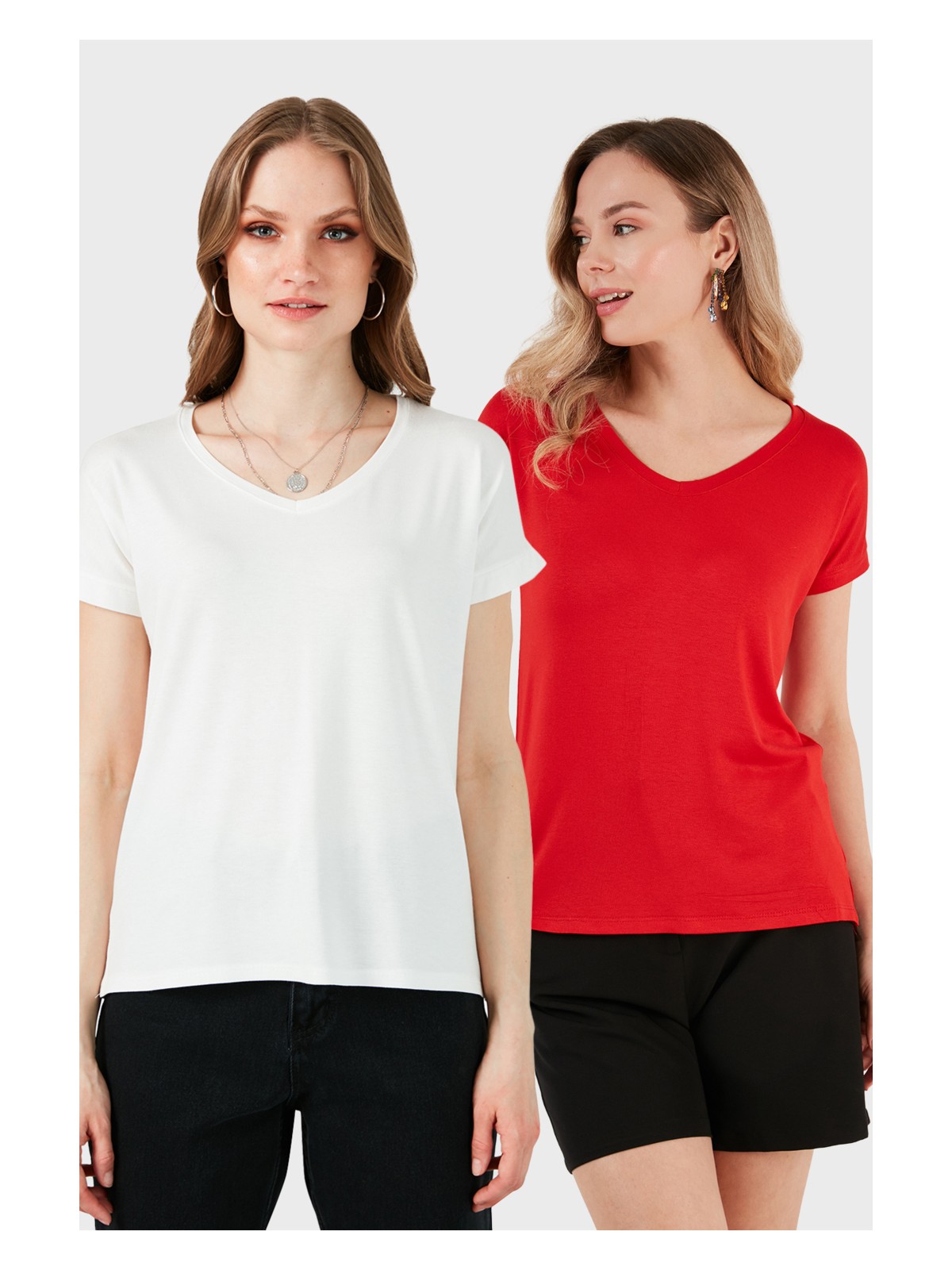 Lela V Yaka Relaxed Fit Yırtmaç Detaylı 2'li Paket Bluz Bayan Bluz 5862000S2