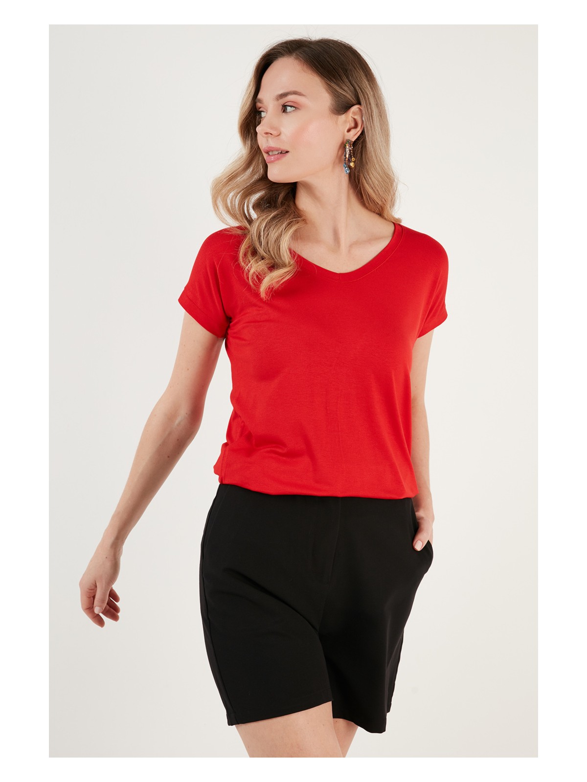 Lela V Yaka Relaxed Fit Yırtmaç Detaylı 2'li Paket Bluz Bayan Bluz 5862000S2 - Görsel 3