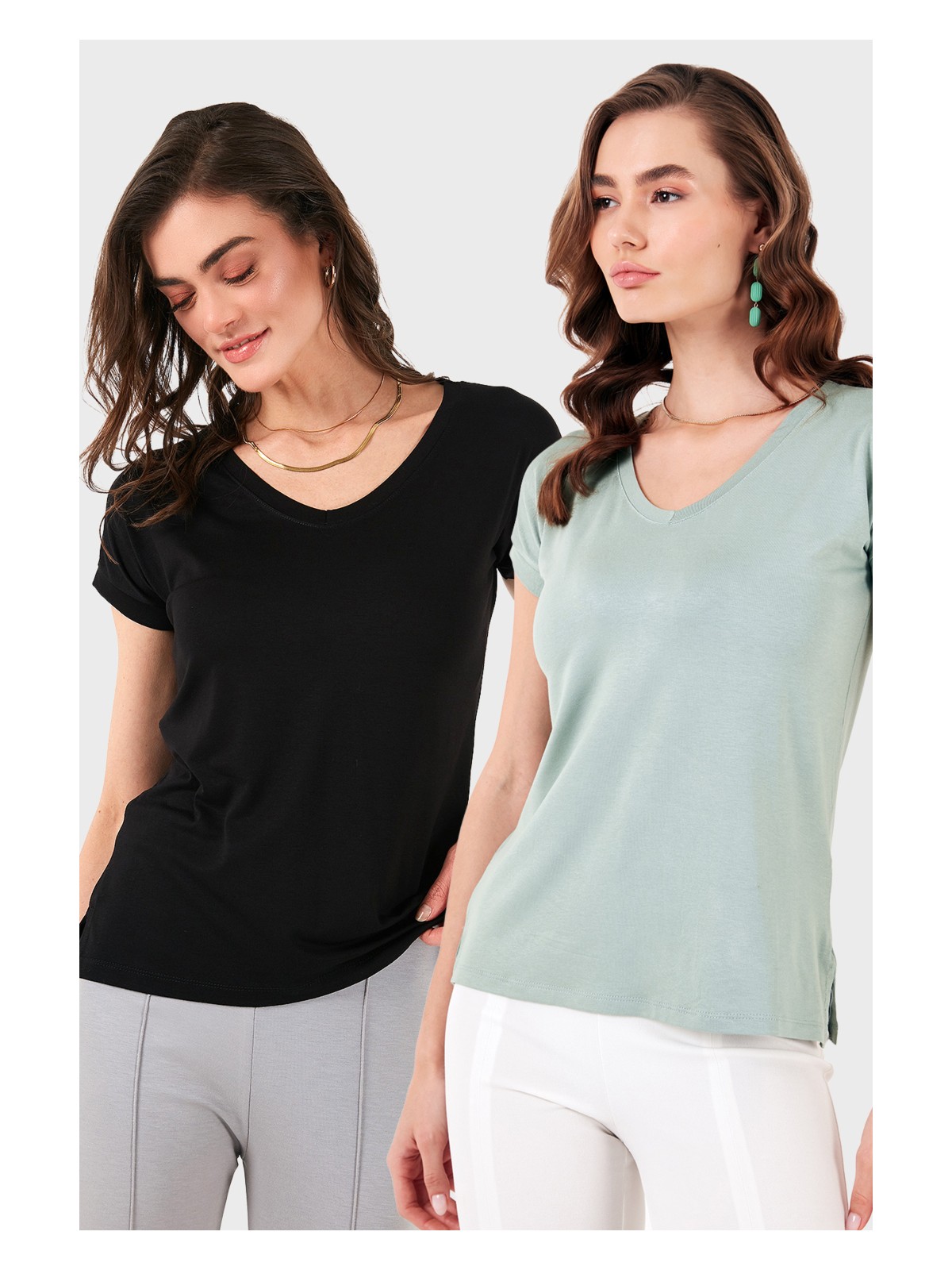 Lela V Yaka Relaxed Fit Yırtmaç Detaylı 2'li Paket Bluz Bayan Bluz 5862000S2