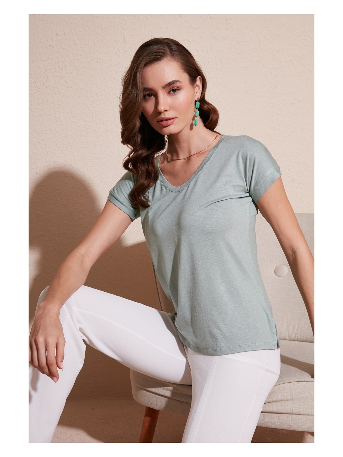 Lela V Yaka Relaxed Fit Yırtmaç Detaylı 2'li Paket Bluz Bayan Bluz 5862000S2 - Görsel 4