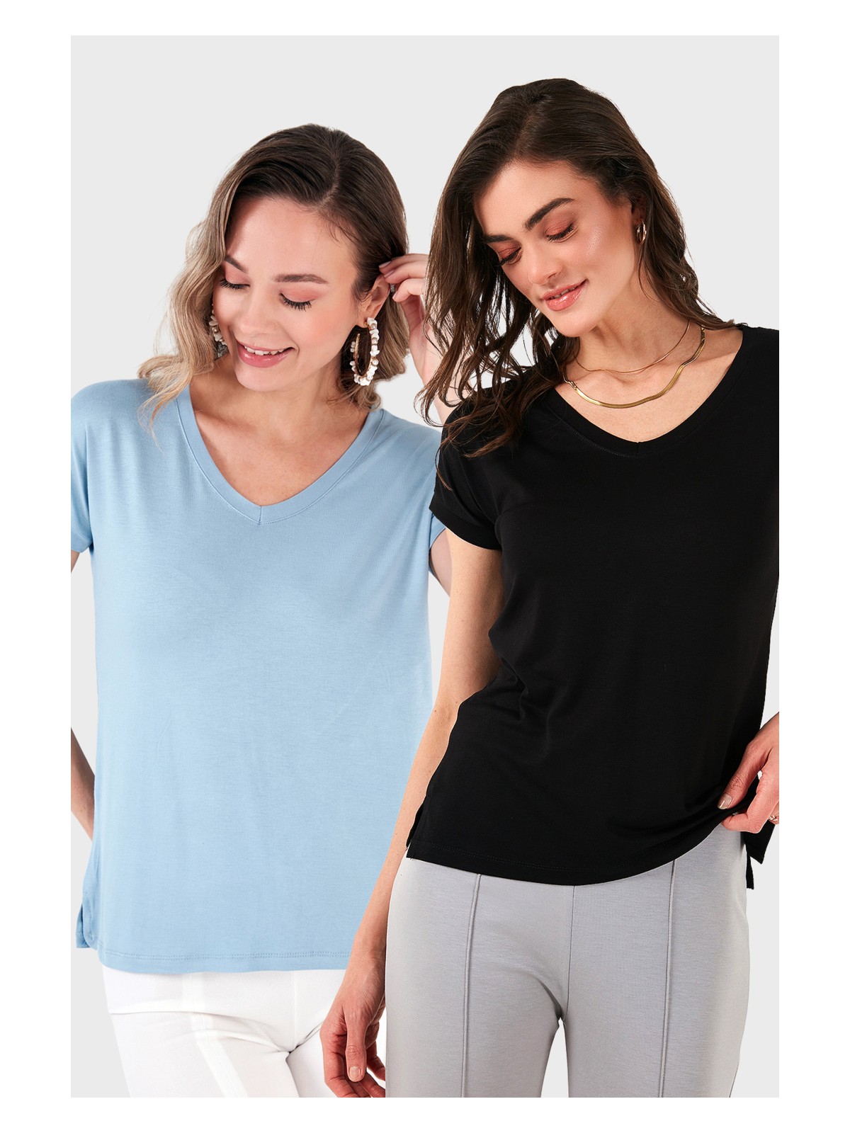 Lela V Yaka Relaxed Fit Yırtmaç Detaylı 2'li Paket Bluz Bayan Bluz 5862000S2