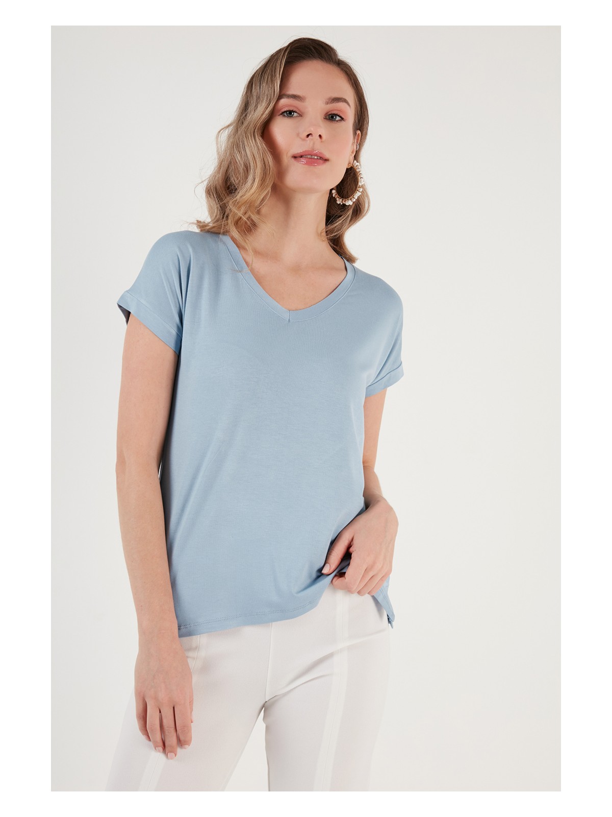 Lela V Yaka Relaxed Fit Yırtmaç Detaylı 2'li Paket Bluz Bayan Bluz 5862000S2 - Görsel 2