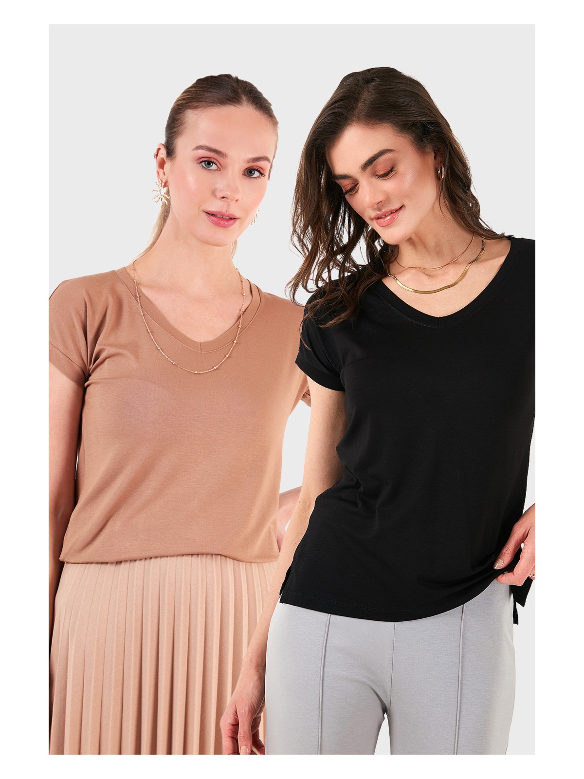 Lela V Yaka Relaxed Fit Yırtmaç Detaylı 2'li Paket Bluz Bayan Bluz 5862000S2