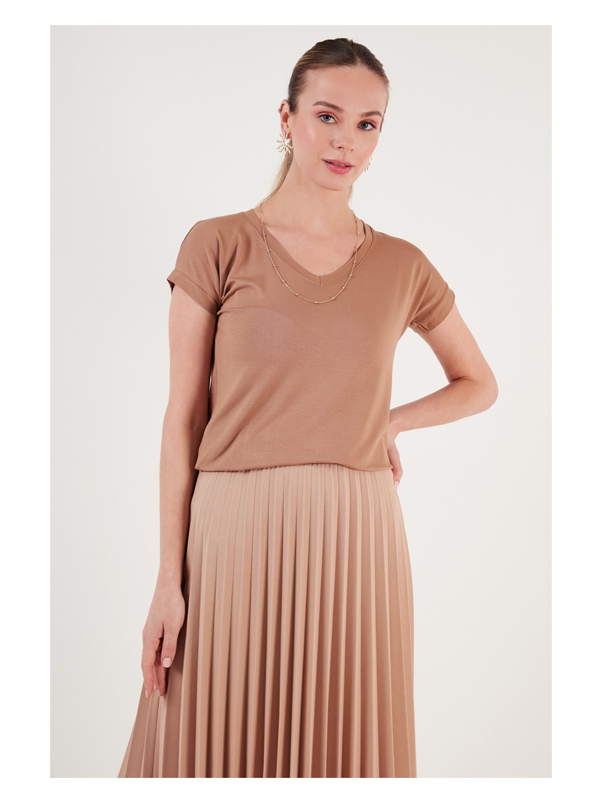 Lela V Yaka Relaxed Fit Yırtmaç Detaylı 2'li Paket Bluz Bayan Bluz 5862000S2 - Görsel 2