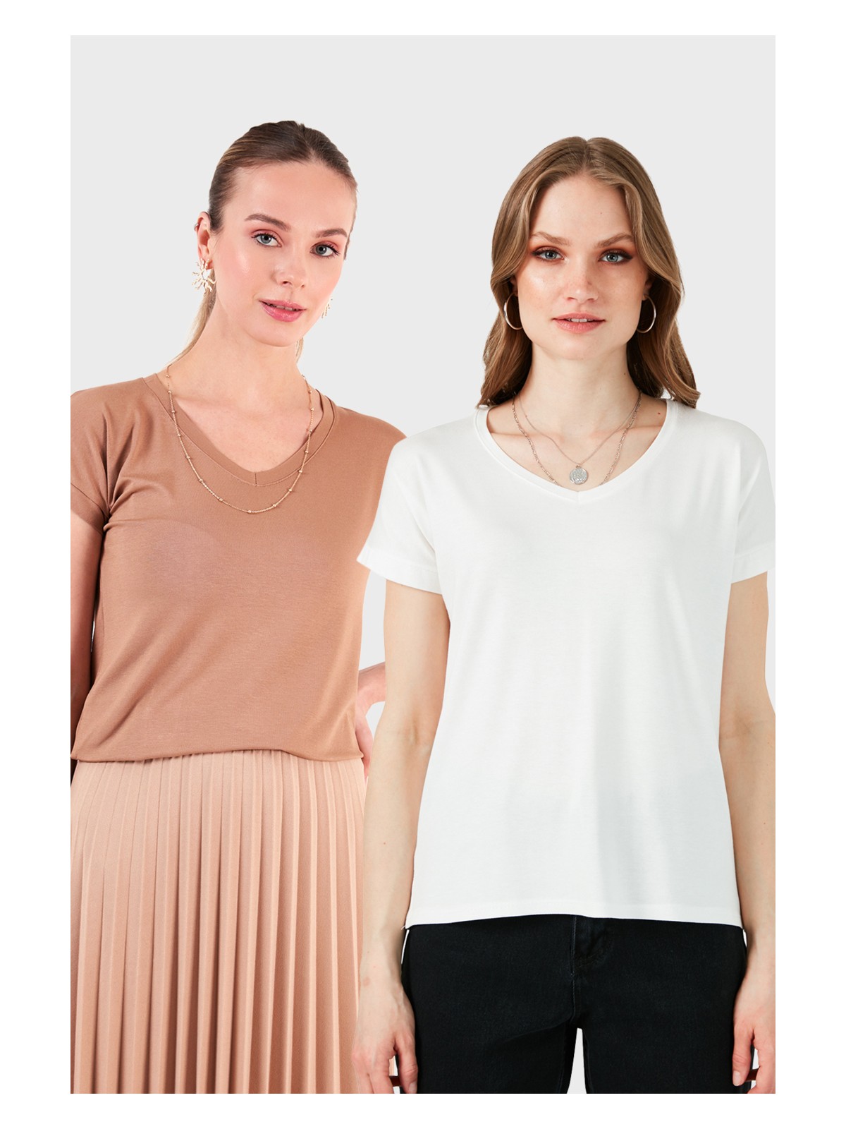 Lela V Yaka Relaxed Fit Yırtmaç Detaylı 2'li Paket Bluz Bayan Bluz 5862000S2
