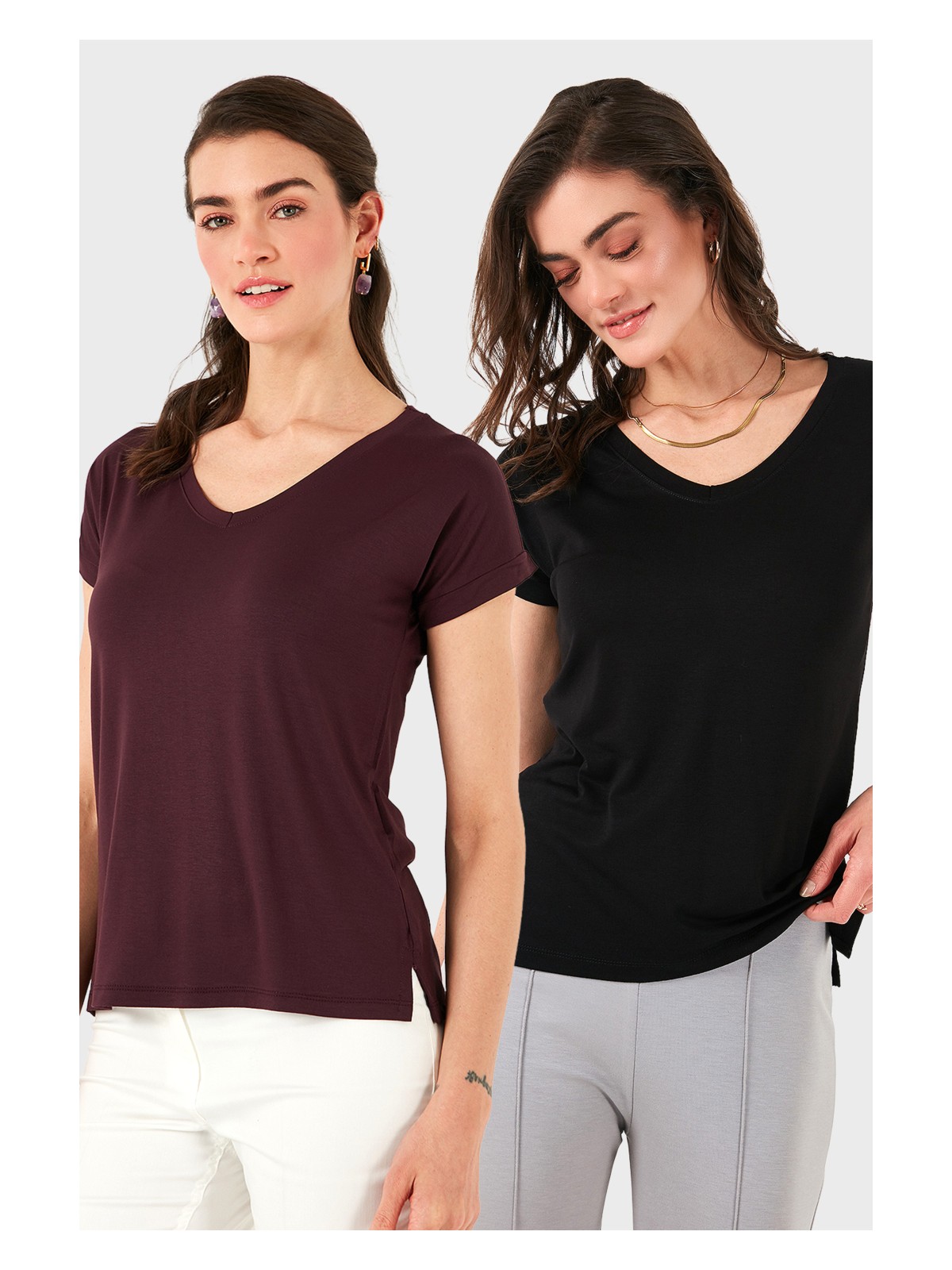 Lela V Yaka Relaxed Fit Yırtmaç Detaylı 2'li Paket Bluz Bayan Bluz 5862000S2
