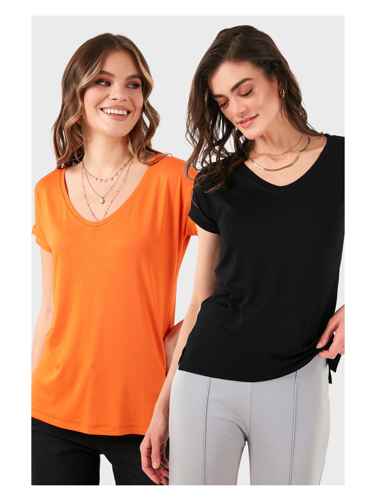 Lela V Yaka Relaxed Fit Yırtmaç Detaylı 2'li Paket Bluz Bayan Bluz 5862000S2