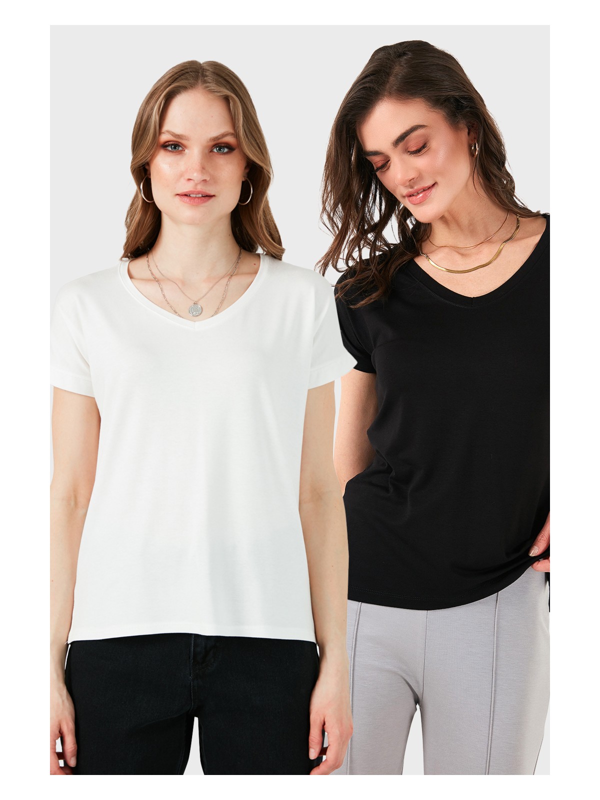 Lela V Yaka Relaxed Fit Yırtmaç Detaylı 2'li Paket Bluz Bayan Bluz 5862000S2