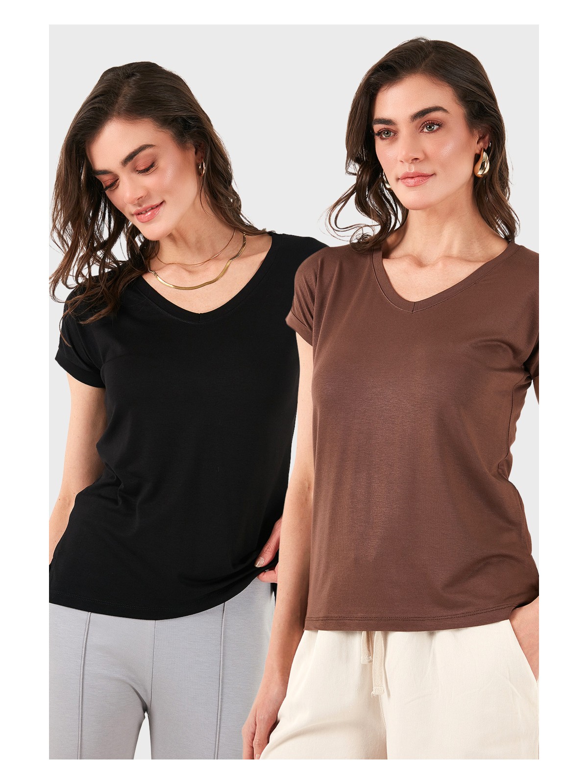 Lela V Yaka Relaxed Fit Yırtmaç Detaylı 2'li Paket Bluz Bayan Bluz 5862000S2