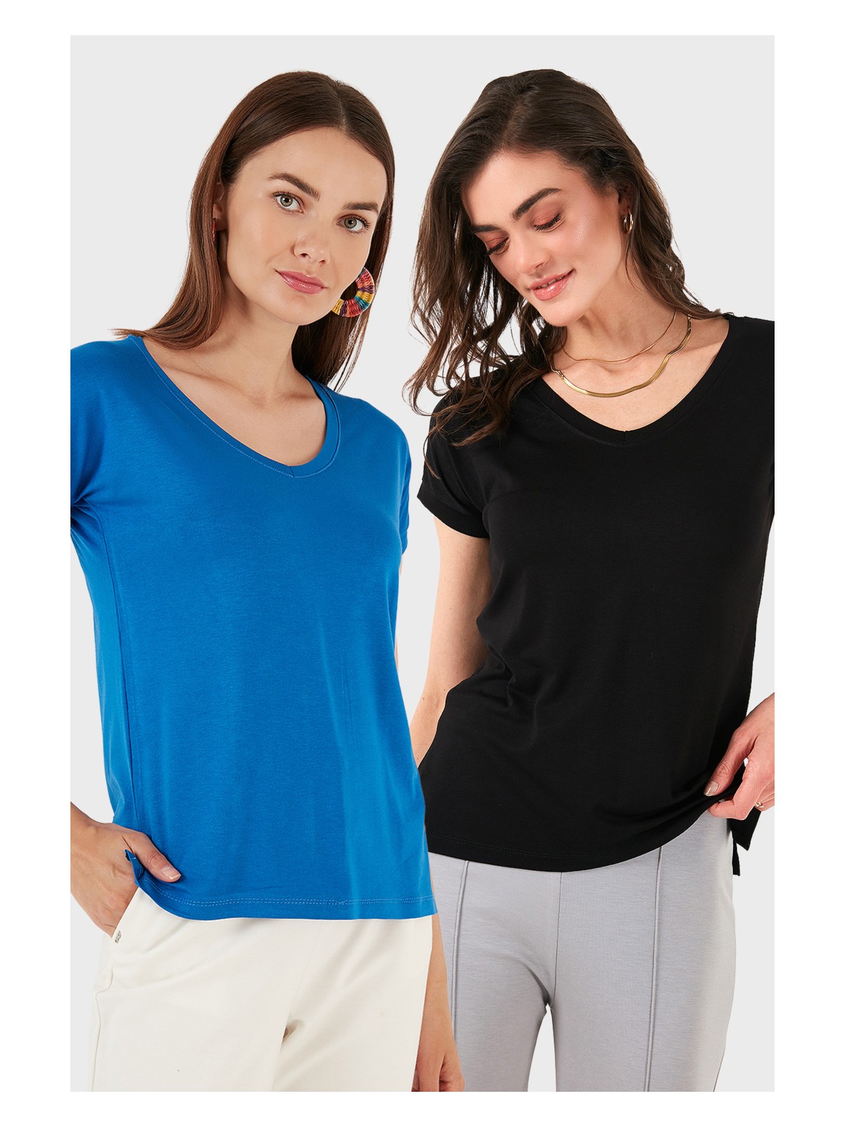 Lela V Yaka Relaxed Fit Yırtmaç Detaylı 2'li Paket Bluz Bayan Bluz 5862000S2