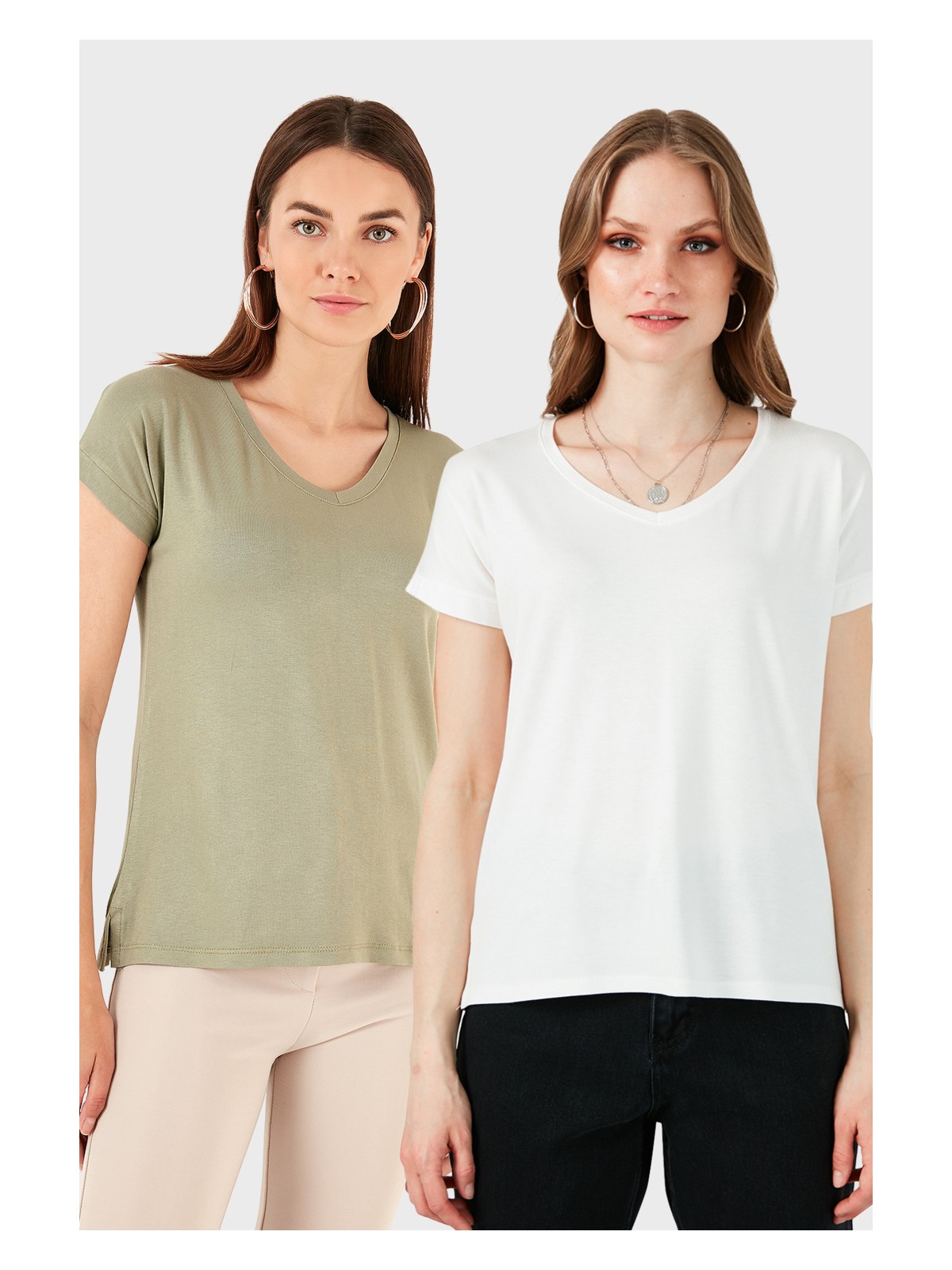 Lela V Yaka Relaxed Fit Yırtmaç Detaylı 2'li Paket Bluz Bayan Bluz 5862000S2