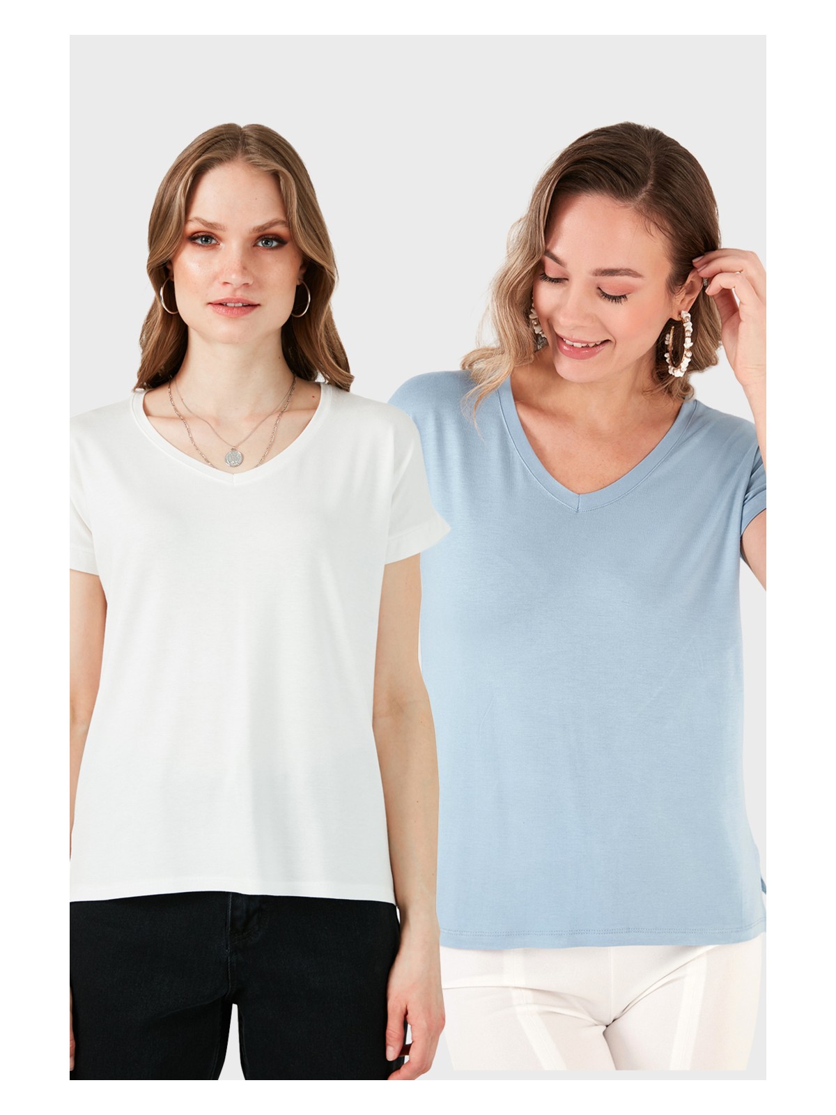 Lela V Yaka Relaxed Fit Yırtmaç Detaylı 2'li Paket Bluz Bayan Bluz 5862000S2