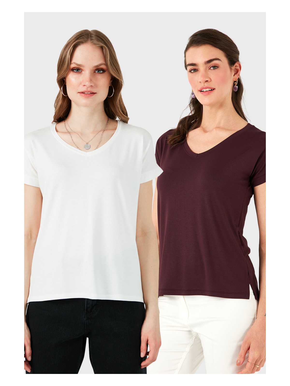 Lela V Yaka Relaxed Fit Yırtmaç Detaylı 2'li Paket Bluz Bayan Bluz 5862000S2