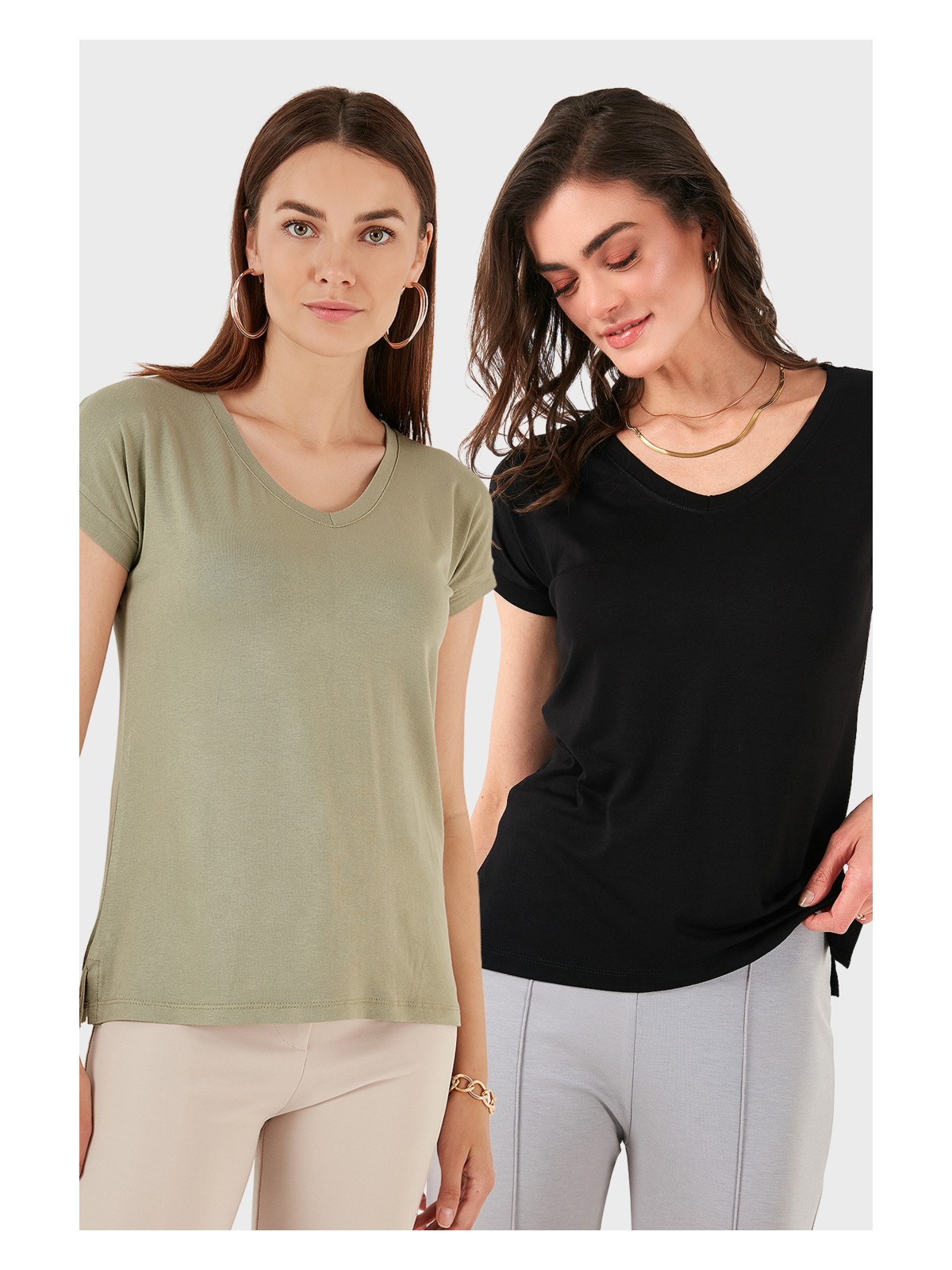 Lela V Yaka Relaxed Fit Yırtmaç Detaylı 2'li Paket Bluz Bayan Bluz 5862000S2