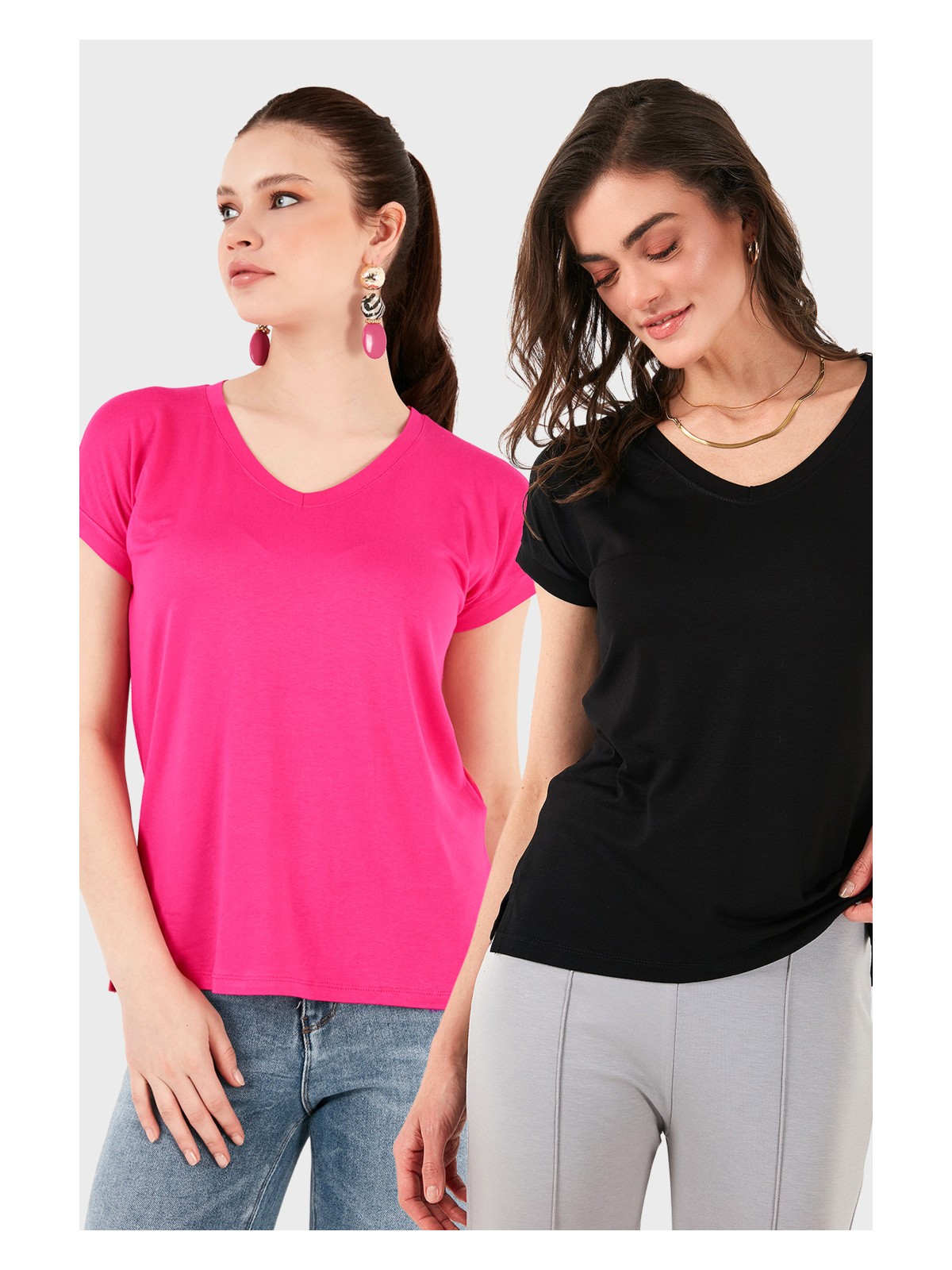 Lela V Yaka Relaxed Fit Yırtmaç Detaylı 2'li Paket Bluz Bayan Bluz 5862000S2