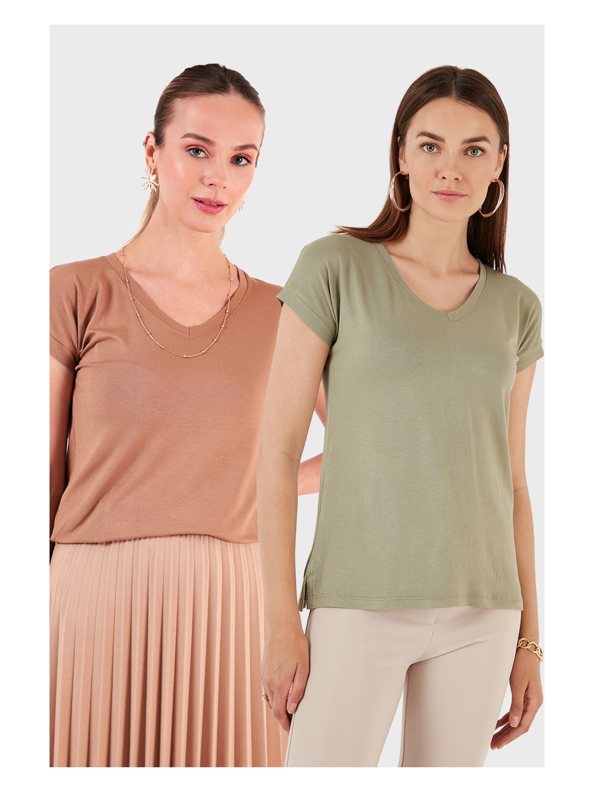 Lela V Yaka Relaxed Fit Yırtmaç Detaylı 2'li Paket Bluz Bayan Bluz 5862000S2