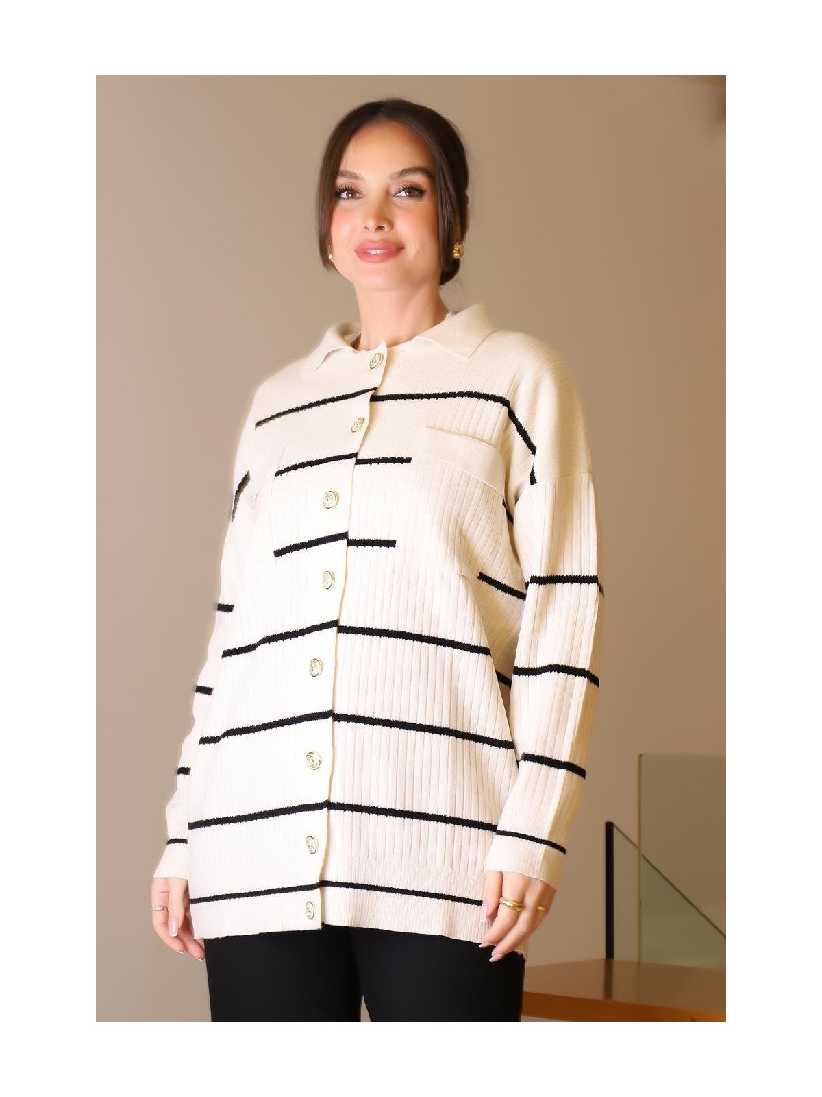 Nazen Giyim Polo Yaka Düğmeli Ekru Kadın Hırka 5224-2K5