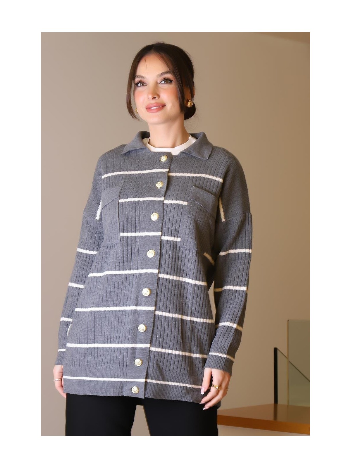 Nazen Giyim Polo Yaka Düğmeli Ekru Kadın Hırka 5224-2K5 - Görsel 4