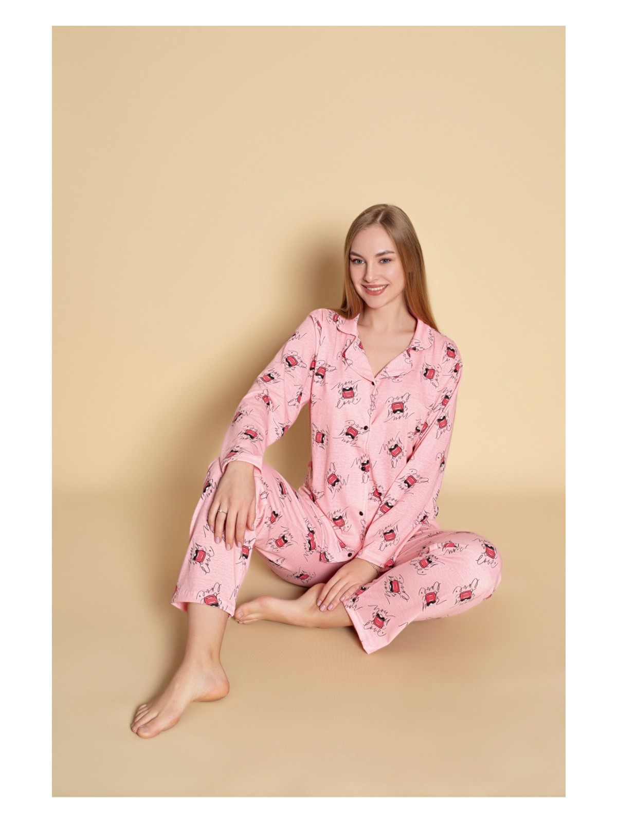 Sude Homewear Kadın Desenli Uzun Kol Gömlek Pijama Takımı