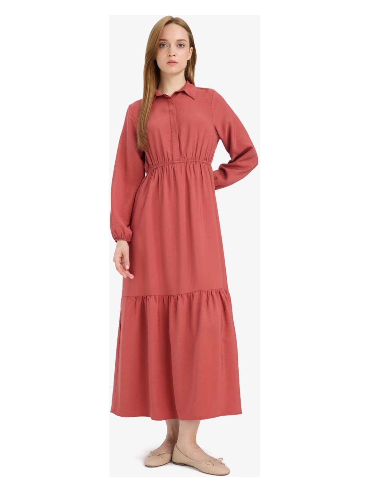 DeFacto Gömlek Yaka Basic Düz Düğmeli Beli Büzgülü Uzun Kollu Maxi Elbise D5851AX25SP - Görsel 4