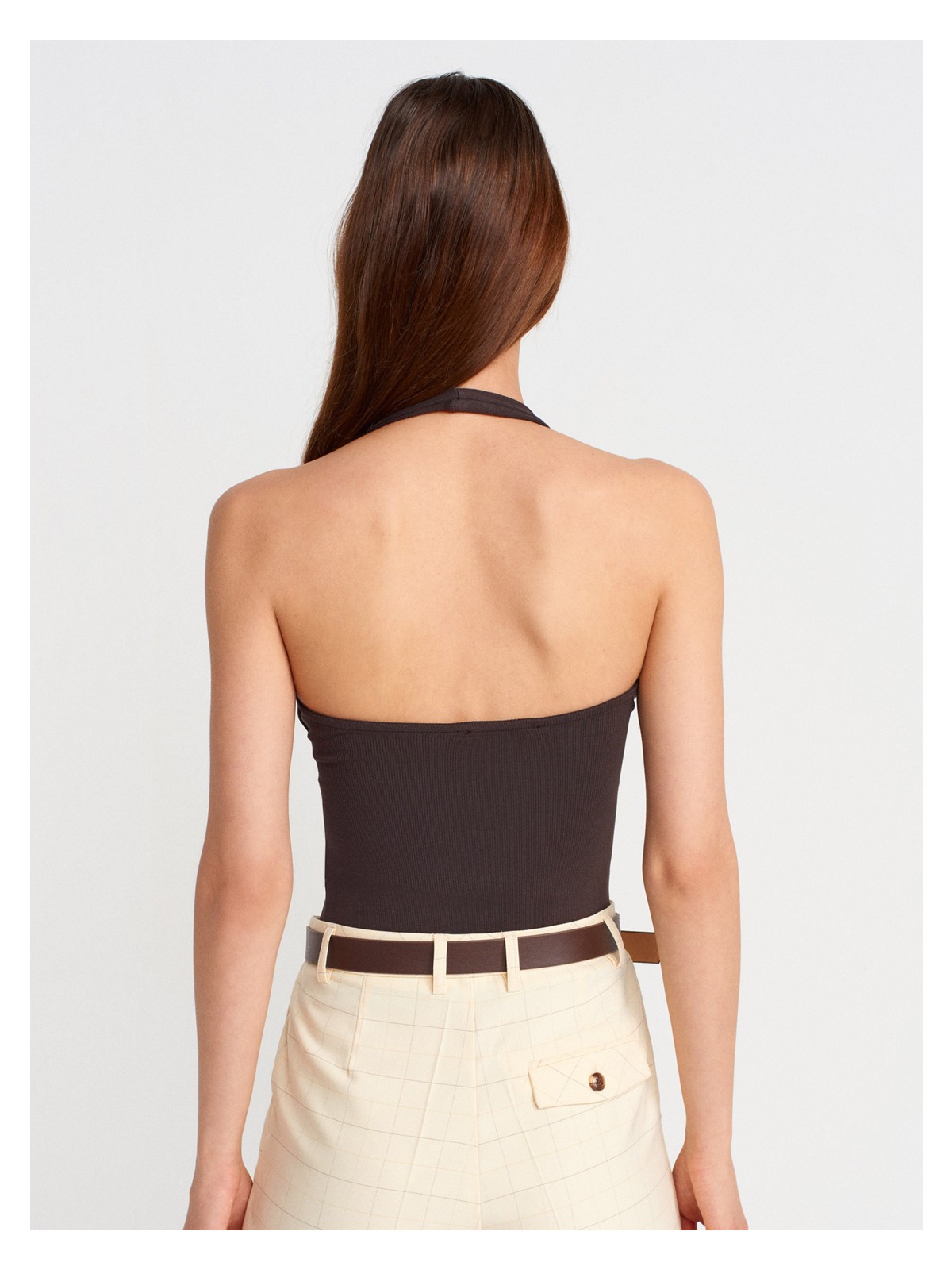 Dilvin 21052 Koyu Kahve Halter Yaka Top Kadın Abiye Kolsuz %95 Pamuk %5 Elastan Kalıp - Görsel 2