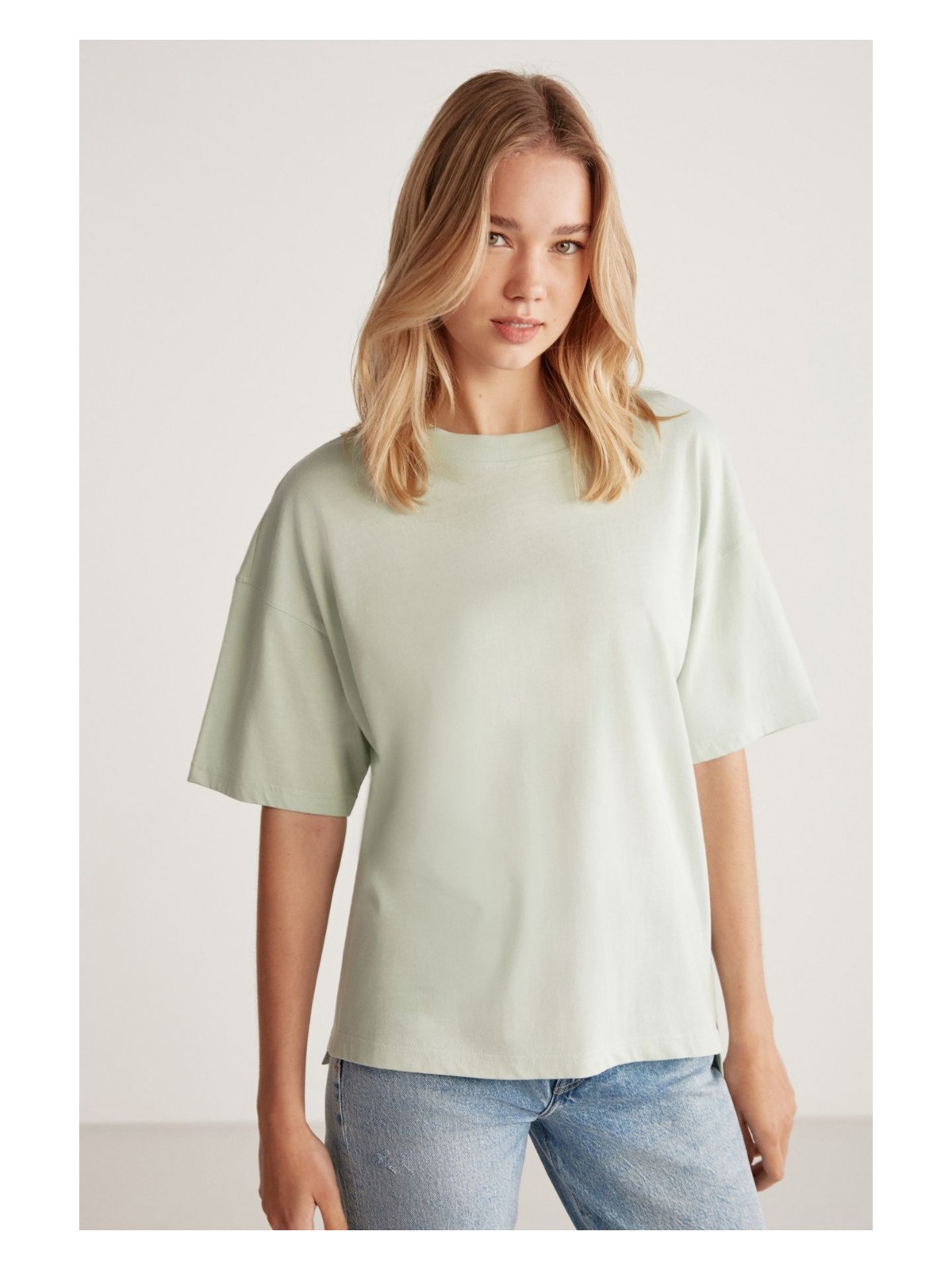 Grimelange Jemmy Kadın Relaxed Kalıp Bisiklet Yaka %100 Pamuk Kısa Kollu Basic Mint Yeşil T-shirt