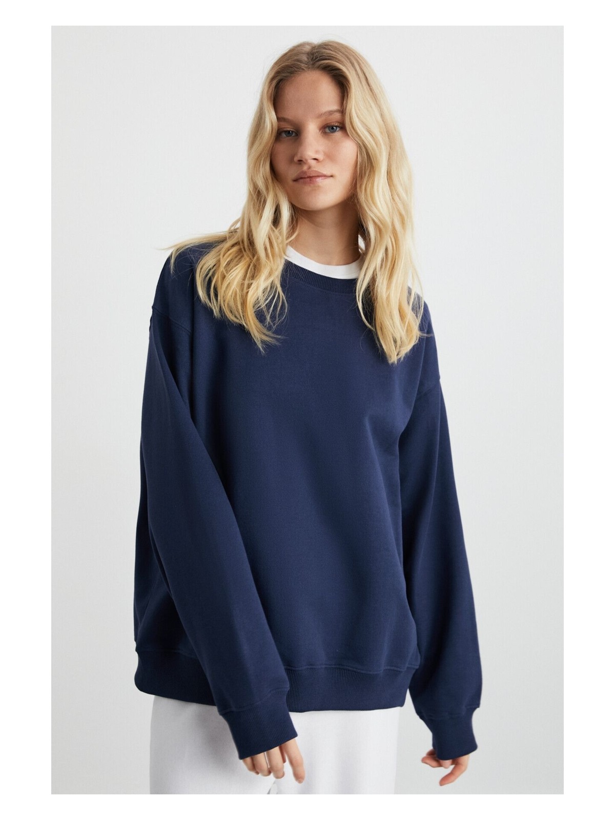 Grimelange KARIUS Kadın Organik Pamuklu İçi Polarlı Oversize Yuvarlak Yakalı Mavi Sweatshirt - Görsel 9