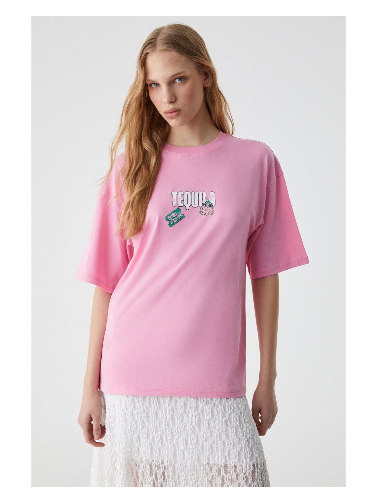 Grimelange CAITLYN Kadın Oversize Bisiklet Yaka Pembe T-Shirt