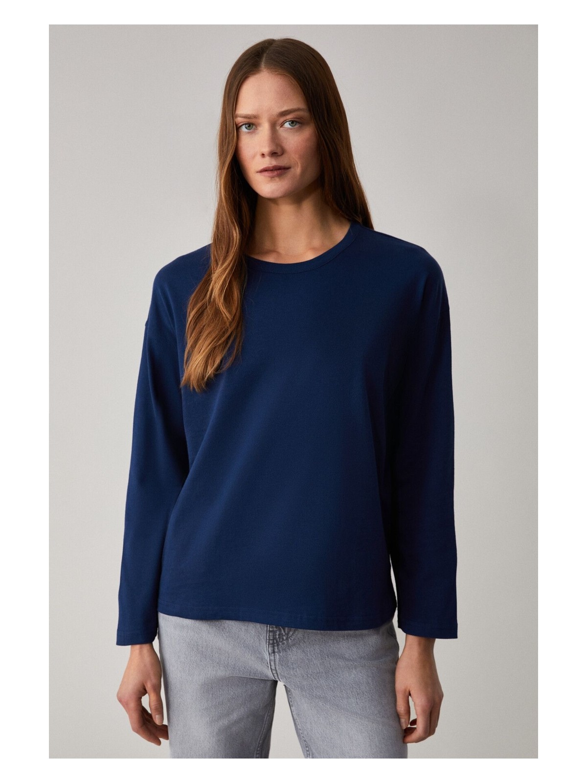 Grimelange BASIL Kadını Oversize %100 Organik Pamuk Örme Uzun Kol Lacivert T-Shirt