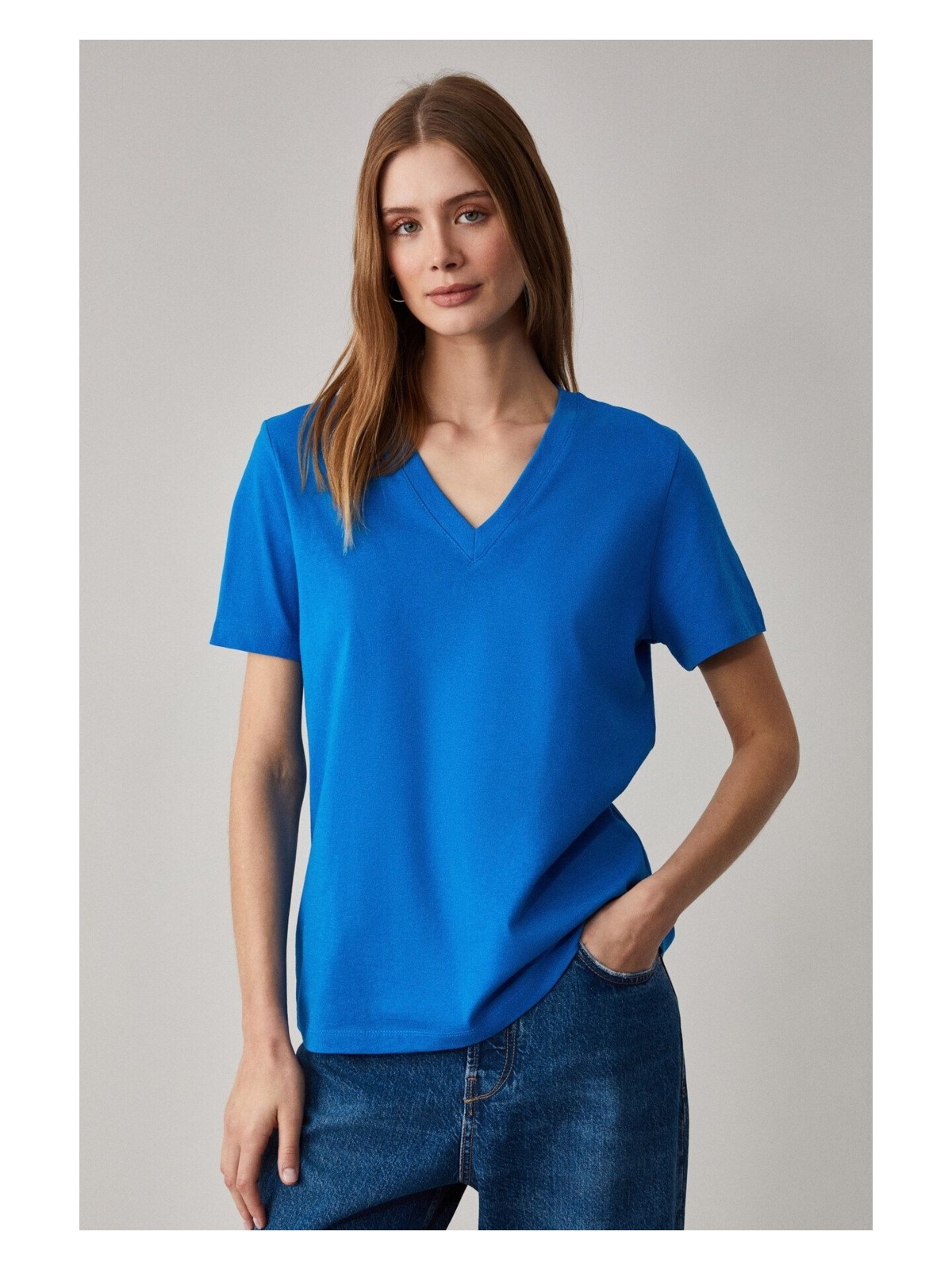 Grimelange ALINE Kadın %100 organik Pamuk Derin V Yakalı Comfort Fit Beyaz T-Shirt - Görsel 7