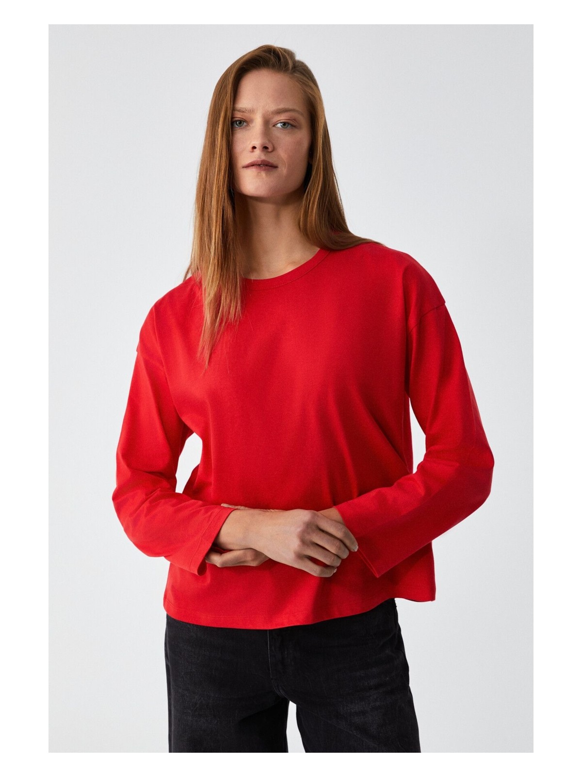 Grimelange Basıl Kadın %100 Organik Pamuk Bisiklet Yaka Oversize Fit Uzun Kollu Kırmızı T-Shirt