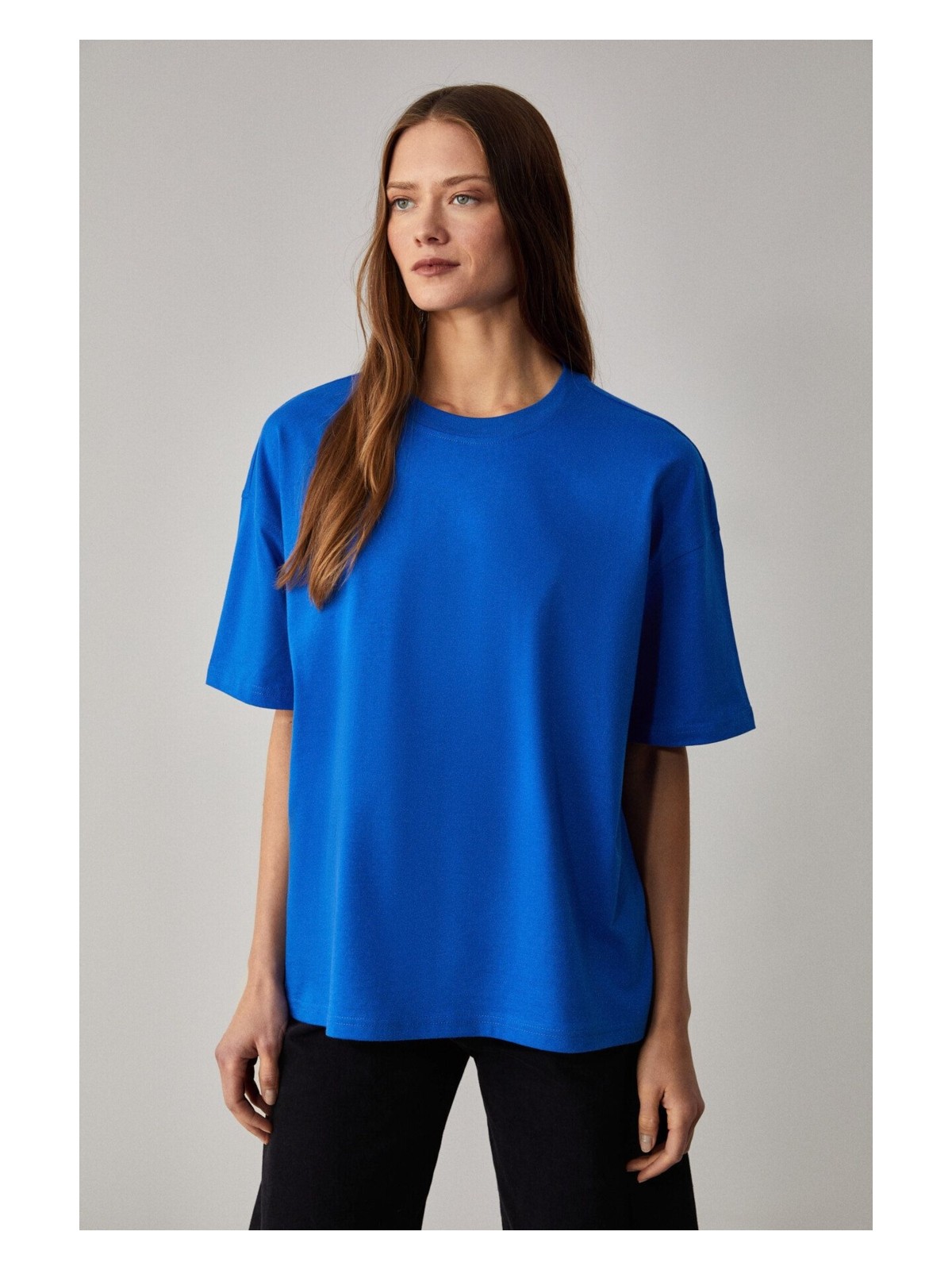 Grimelange LAGERTHA Kadın %100 organik Pamuklu Kalın Dokulu Oversize Fit Yuvarlak Yakalı Yeşil T-Shirt - Görsel 9