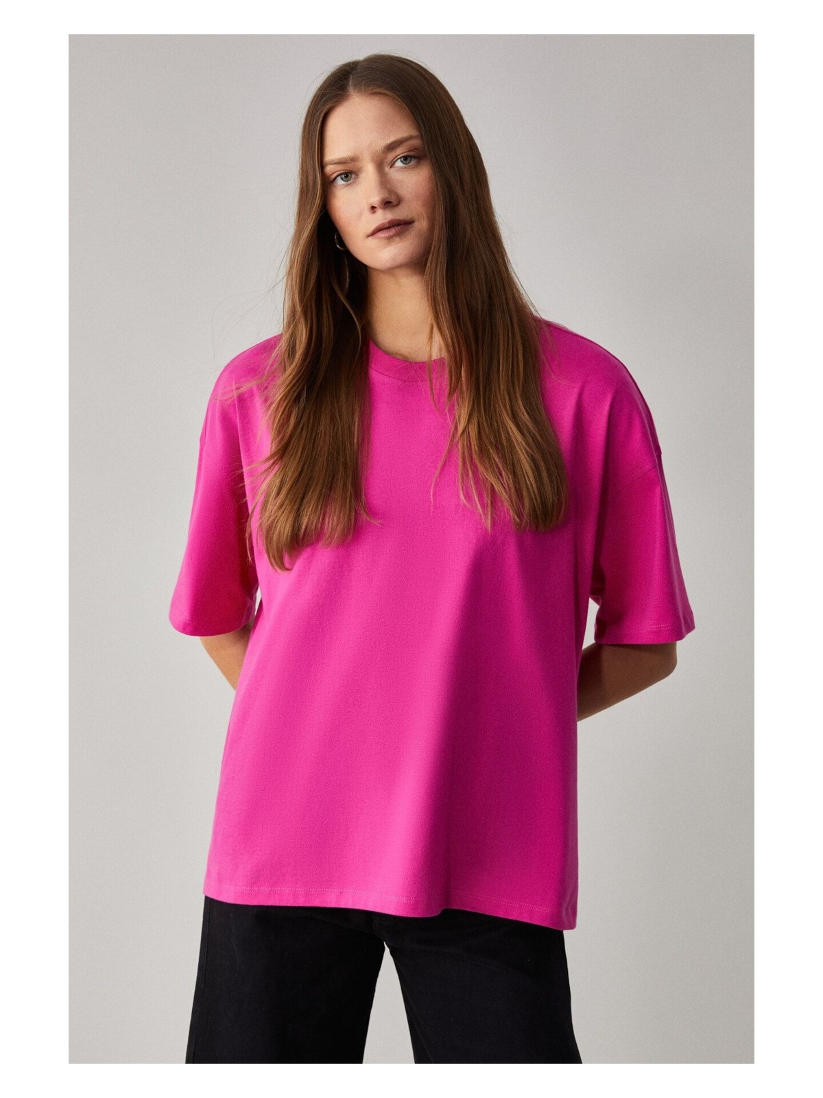 Grimelange Jemmy Kadın %100 Organik Pamuk Relaxed Fit Yırtmaçlı Yuvarlak Yakalı Pembe T-Shirt