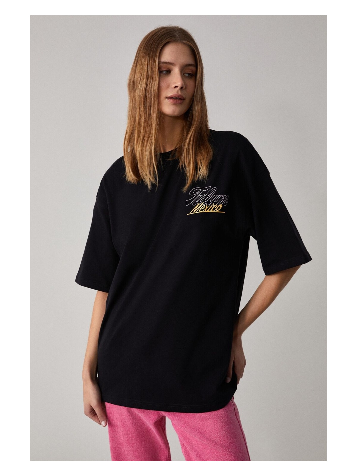 Grimelange CAITLYN Kadın Oversize Bisiklet Yaka Pembe T-Shirt - Görsel 3