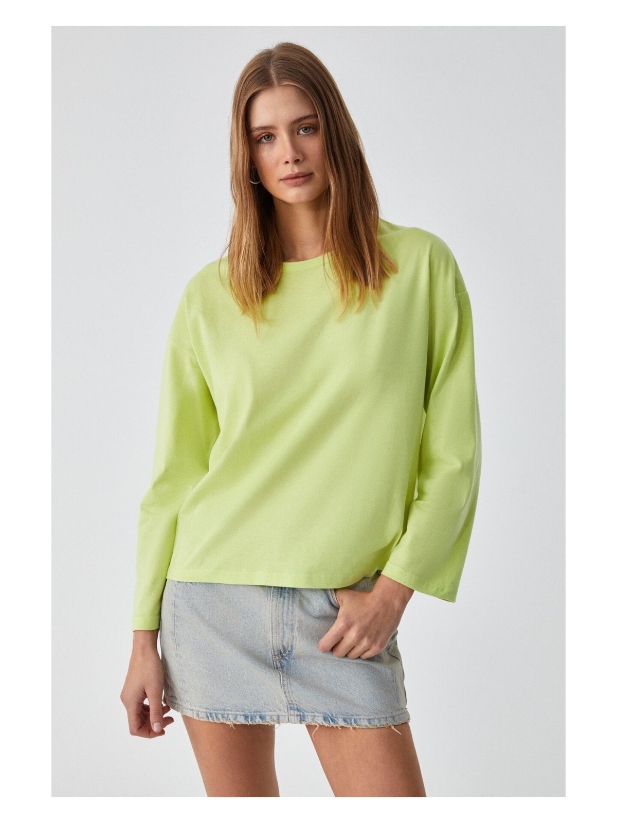 Grimelange BASIL Kadını Oversize %100 Organik Pamuk Örme Uzun Kol Yeşil T-Shirt