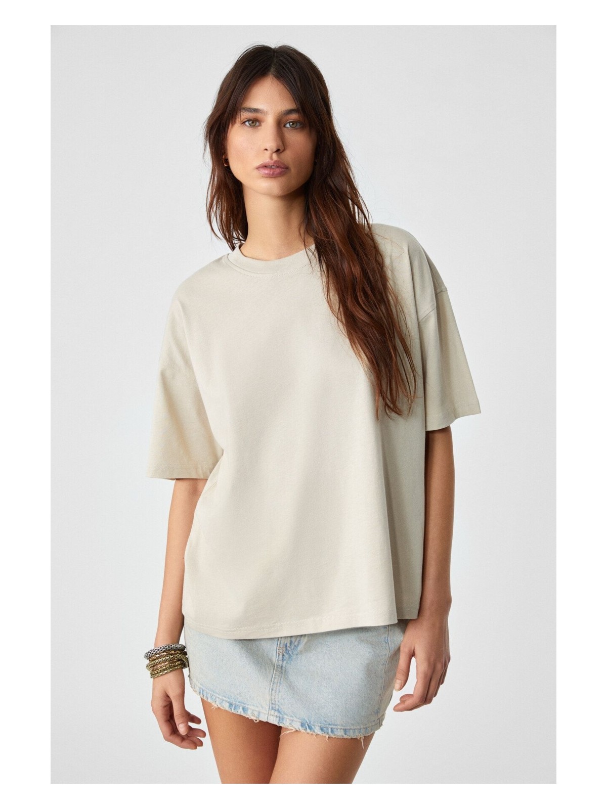 Grimelange LAGERTHA Kadın %100 organik Pamuklu Kalın Dokulu Oversize Fit Yuvarlak Yakalı Yeşil T-Shirt - Görsel 7