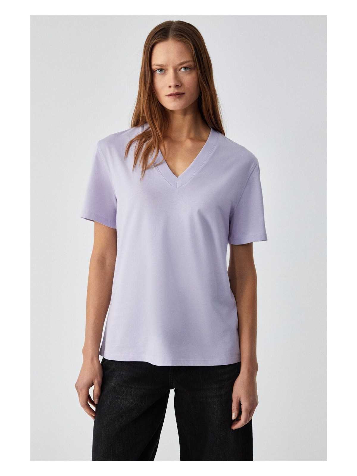 Grimelange ALINE Kadın %100 organik Pamuk Derin V Yakalı Comfort Fit Lila T-Shirt