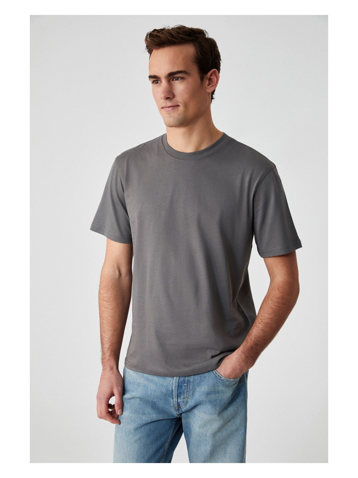 Grimelange Solo Erkek %100 Organik Pamuklu Kalın Dokulu Comfort Fit Bisiklet Yakalı Gri T-Shirt