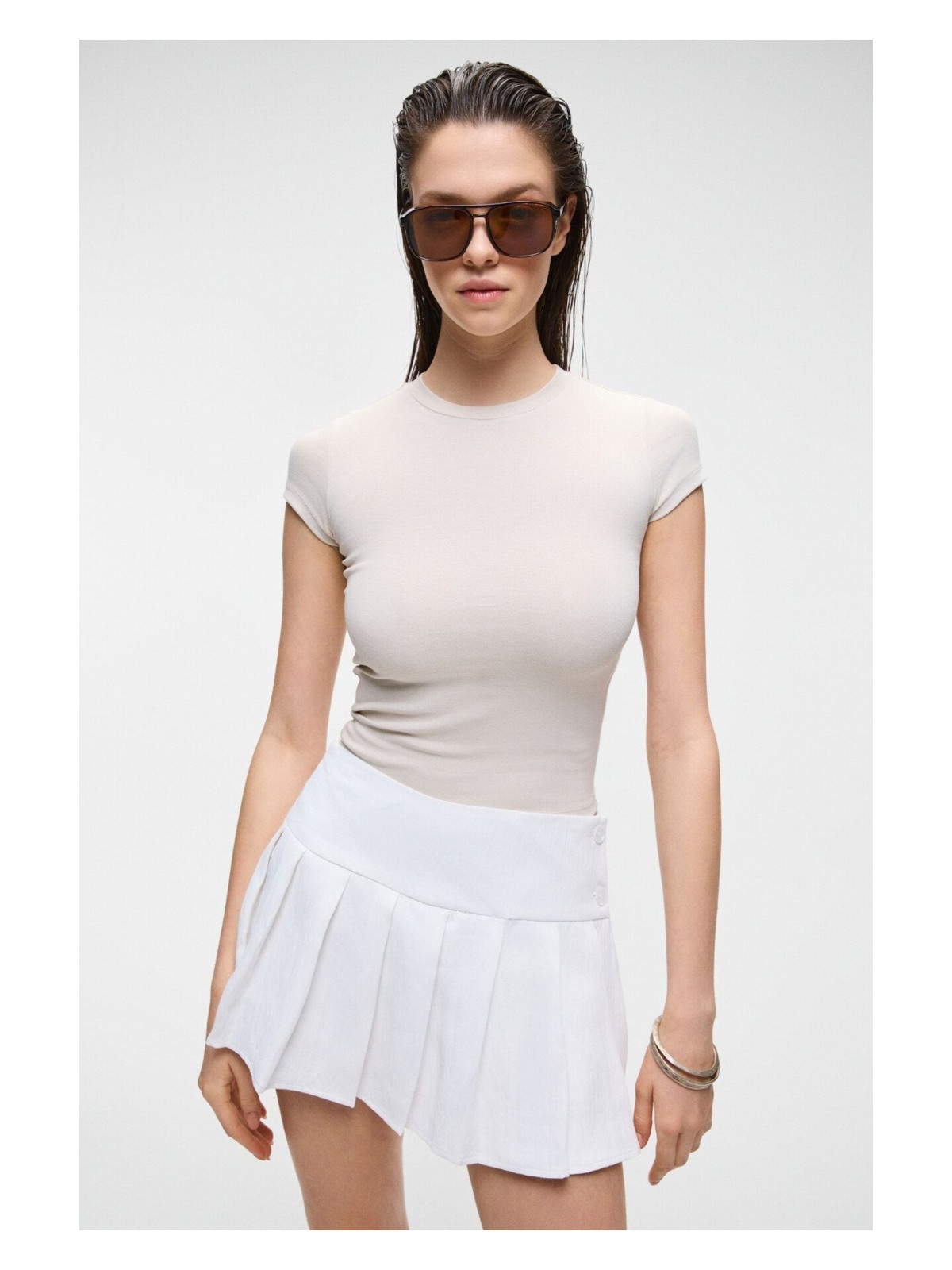 Grimelange HOPEWELL Kadın Yuvarlak Yaka Örme Slim Fit Beyaz T-Shirt - Görsel 5