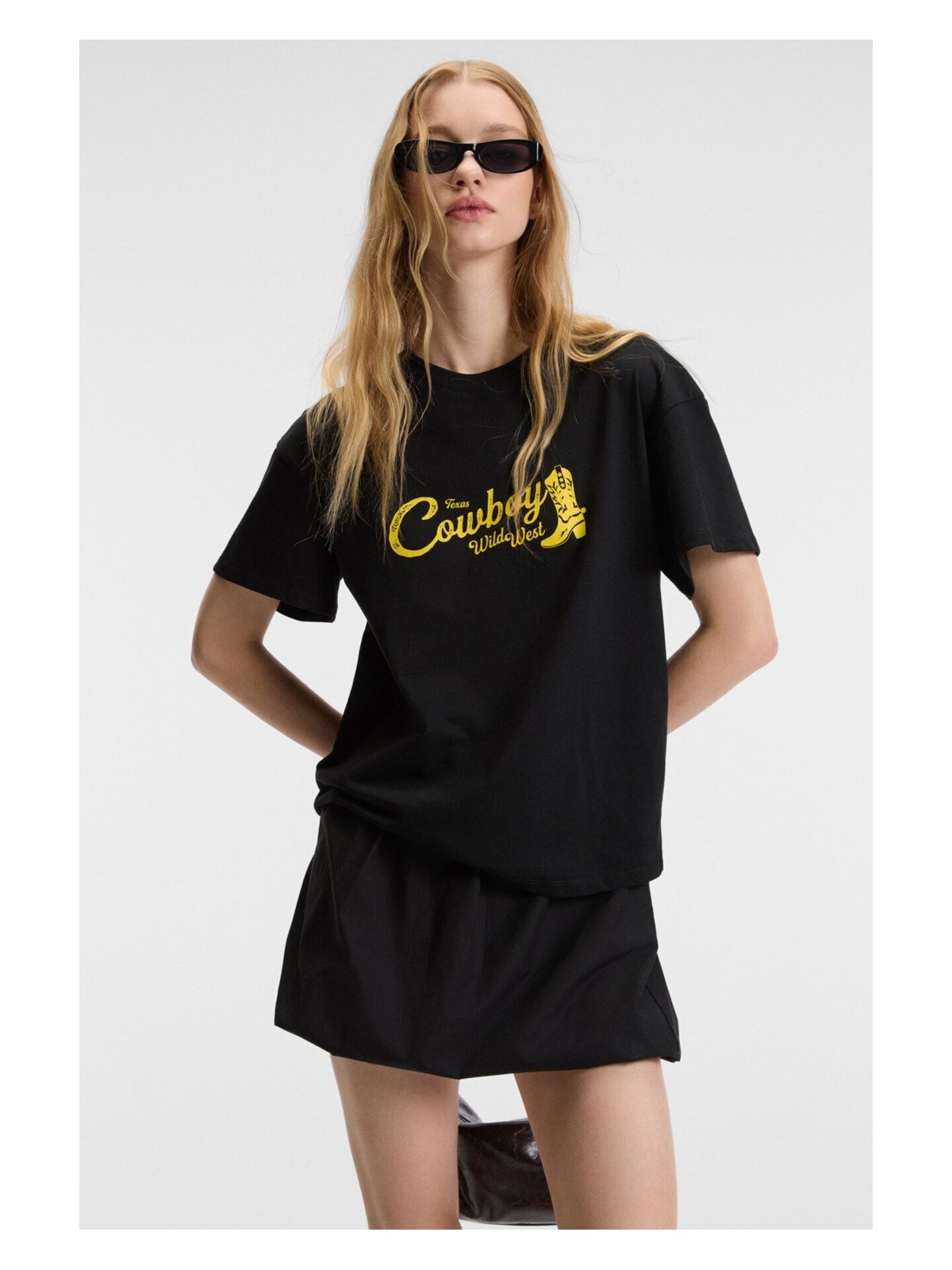 Grimelange RIVELA Kadın %100 Pamuk Regular Fit Baskılı Bisiklet Yaka Kısa Kol Siyah T-Shirt