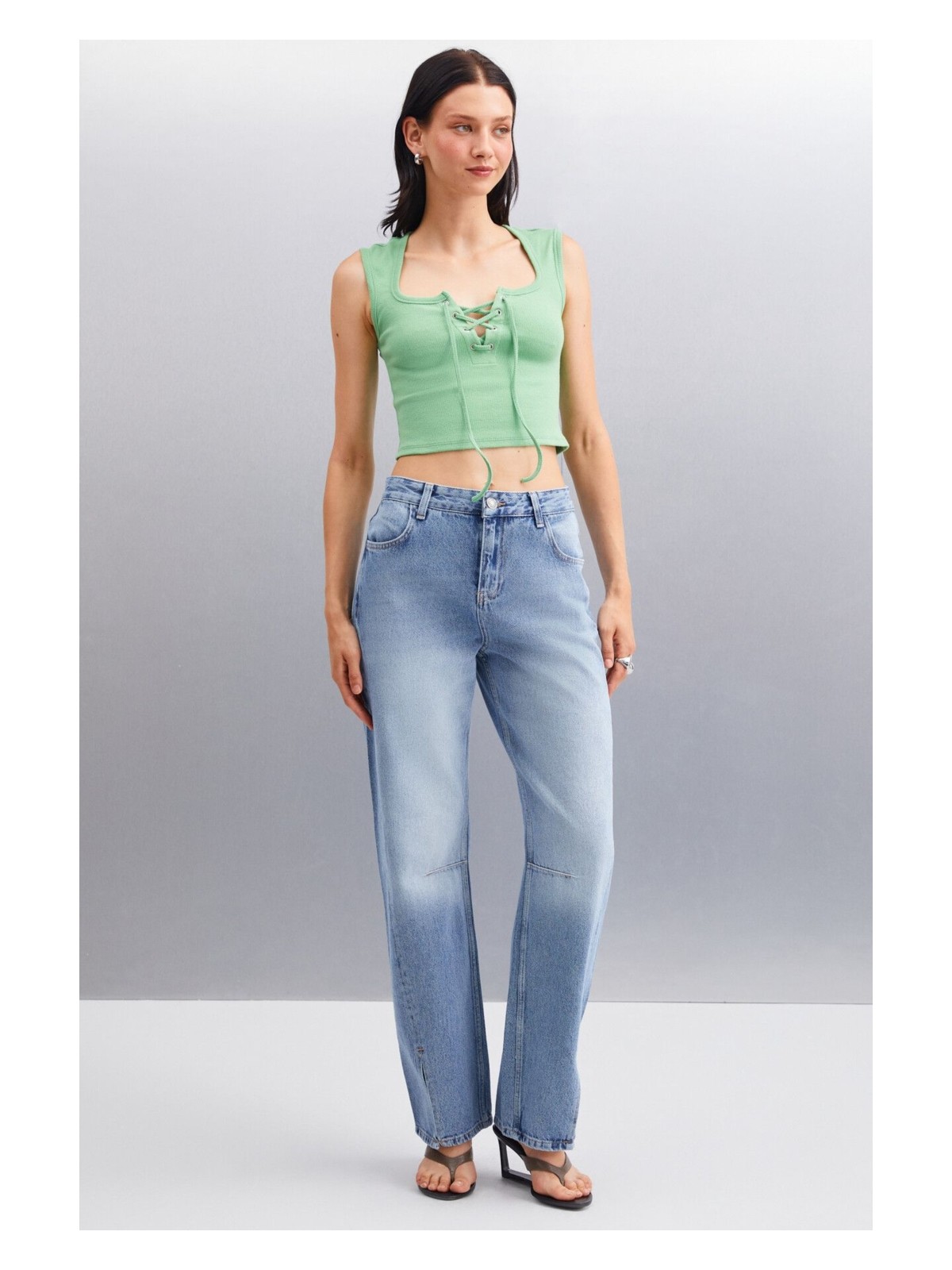 Grimelange PAOLINA Kadın Crop Yeşil Bluz - Görsel 2