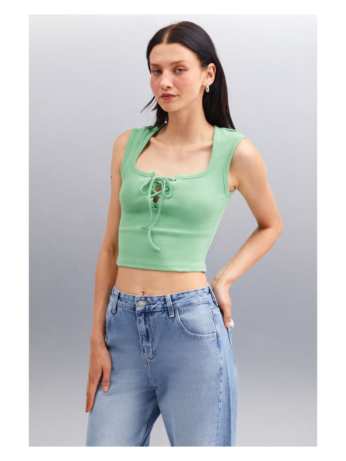 Grimelange PAOLINA Kadın Crop Yeşil Bluz - Görsel 3