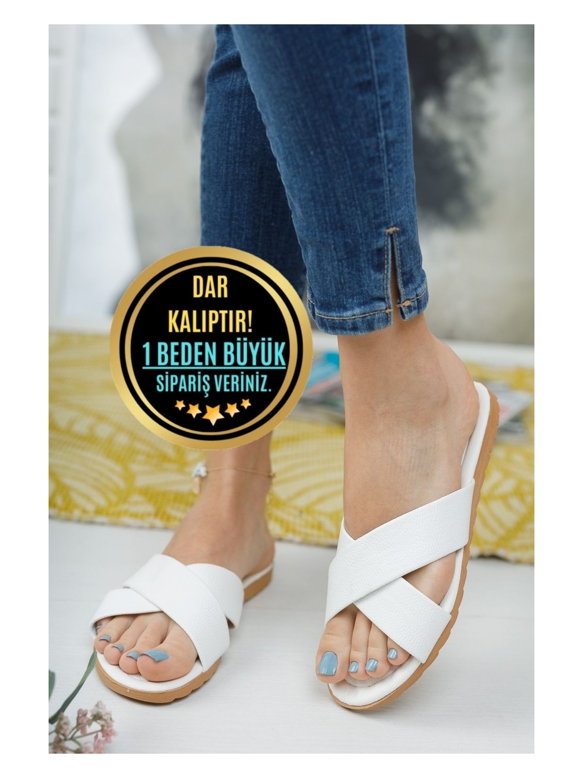 Moda Fırsat Kadın Beyaz Çapraz Bantlı Terlik Petli Yumuşak Terlik Çeyiz Bohça Terliği Şık Zarif Misafir Terliği